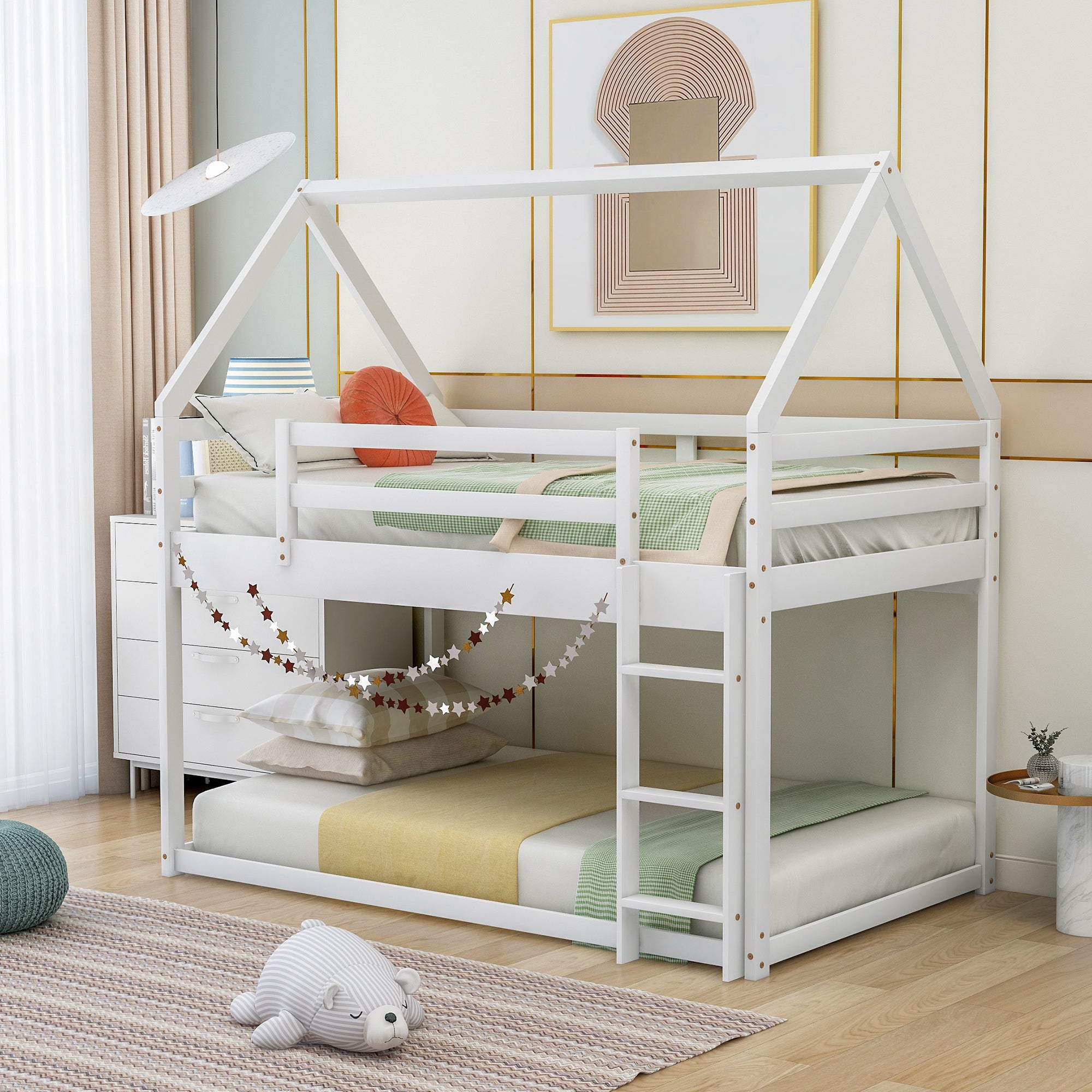 Twin Over Twin Low Bunk Bed, House Bed With Ladderwhite Old Sku:Wf197808Aak White Pine