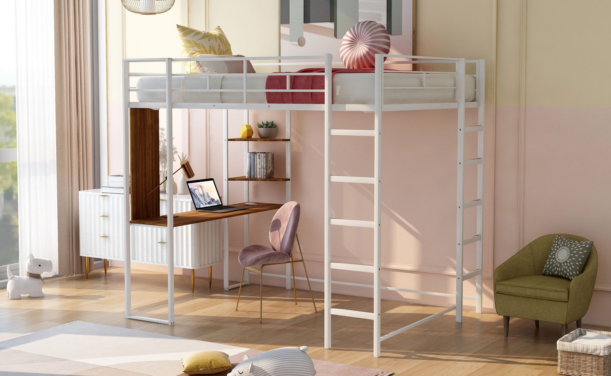 Full Size Metal Loft Bed With 2 Shelves And One Desk ,White Old Sku: Lp000191Aak White Metal