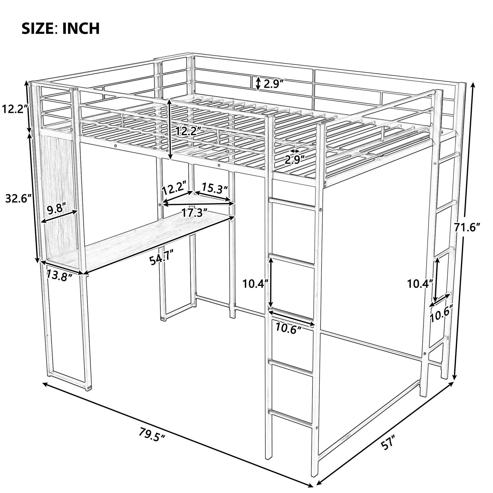 Full Size Metal Loft Bed With 2 Shelves And One Desk ,White Old Sku: Lp000191Aak White Metal