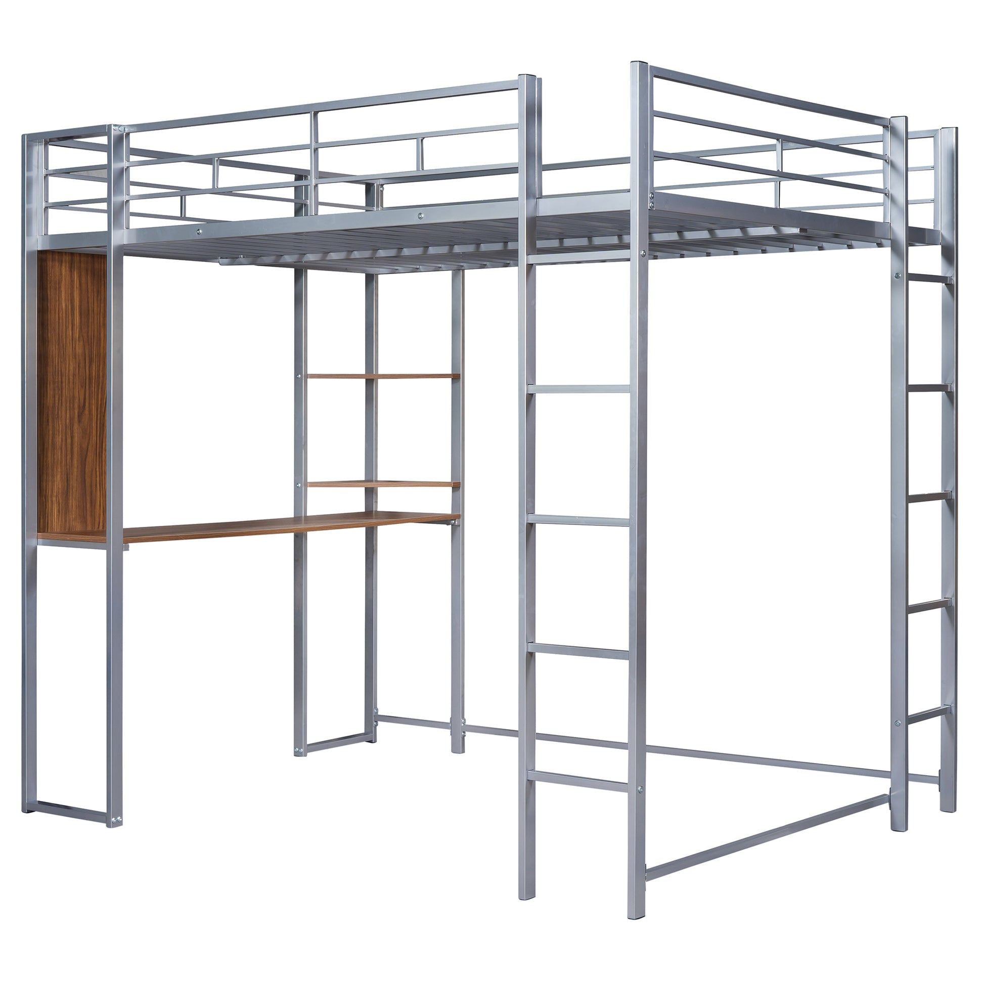 Full Size Metal Loft Bed With 2 Shelves And One Desk ,Silver Old Sku: Lp000191Aan Silver Metal