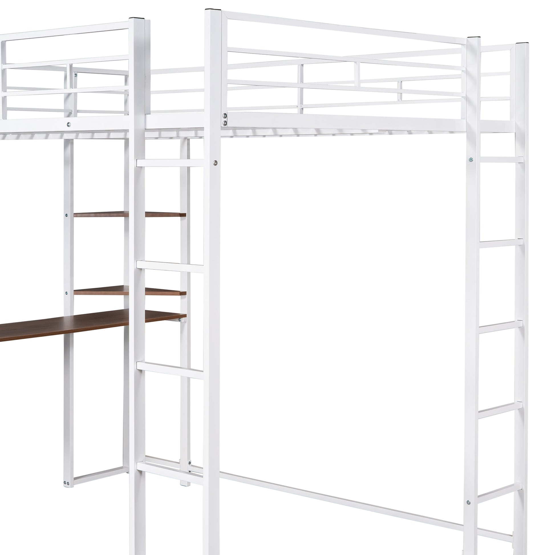 Full Size Metal Loft Bed With 2 Shelves And One Desk ,White Old Sku: Lp000191Aak White Metal