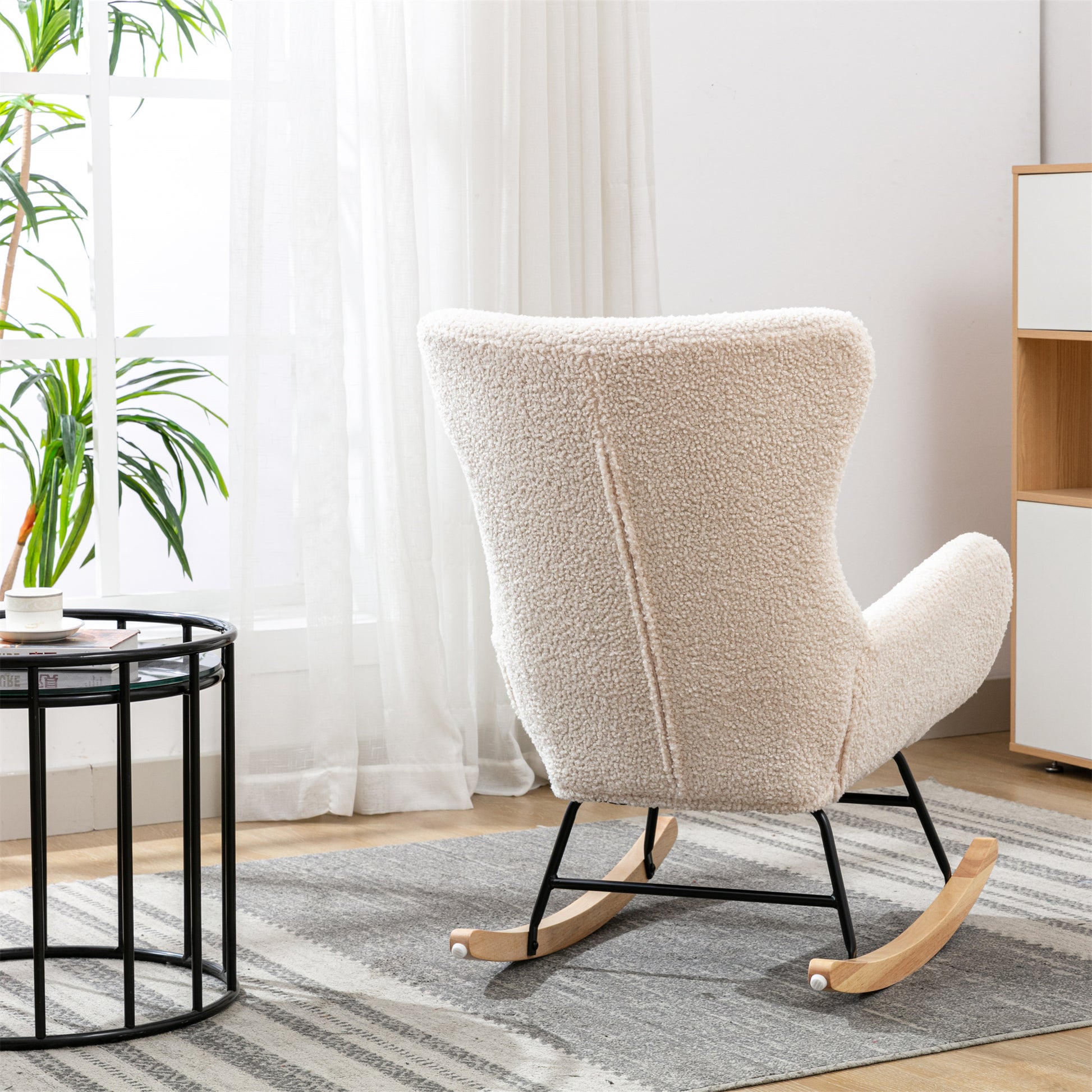 Teddy Fabric Padded Seat Rocking Chair With High Backrest And Armrests Beige Foam Upholstered