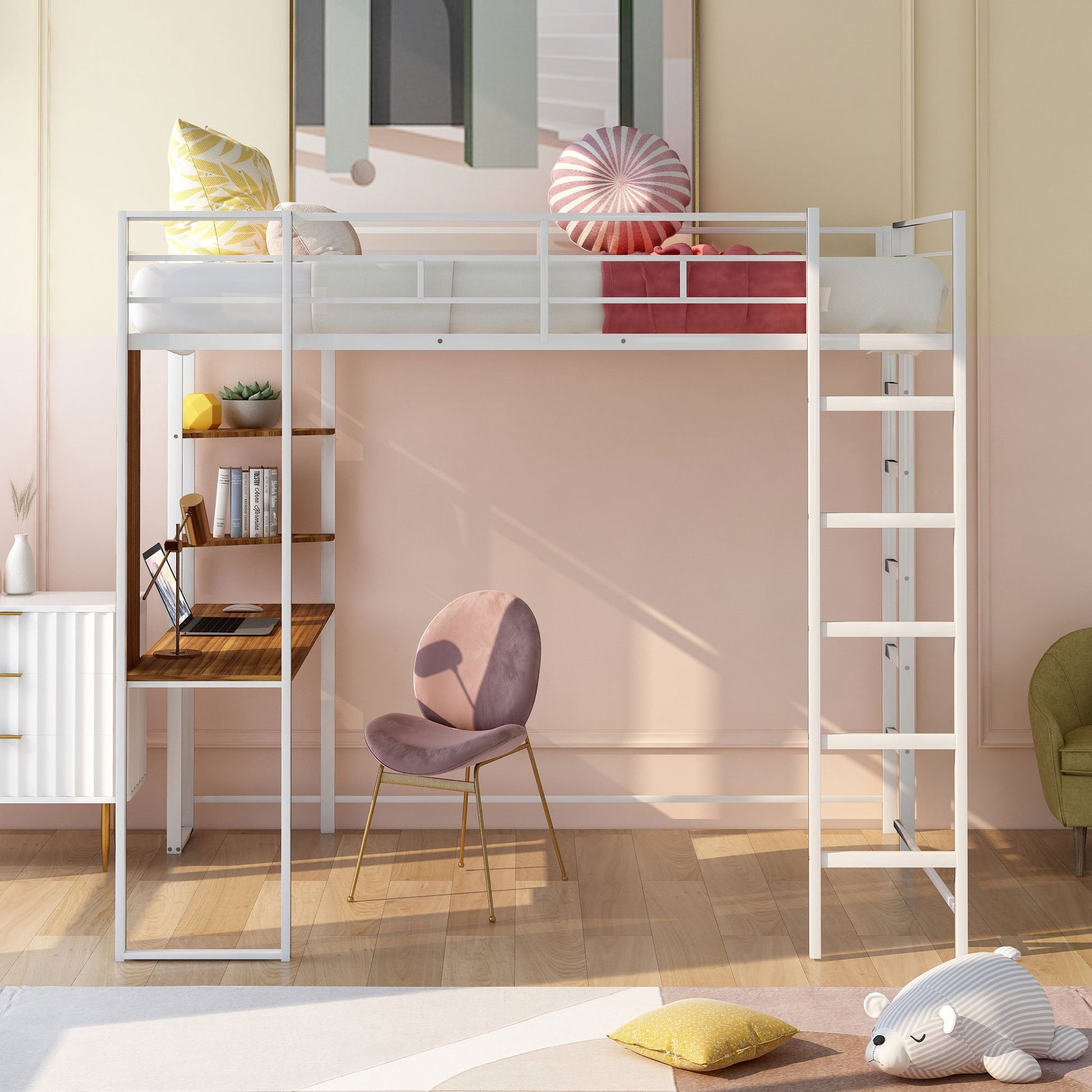 Full Size Metal Loft Bed With 2 Shelves And One Desk ,White Old Sku: Lp000191Aak White Metal