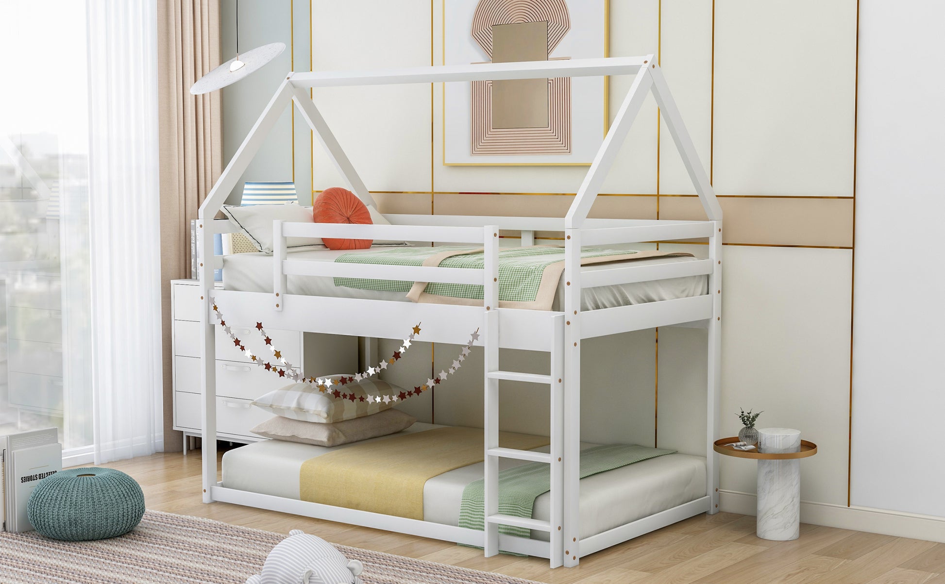 Twin Over Twin Low Bunk Bed, House Bed With Ladderwhite Old Sku:Wf197808Aak White Pine