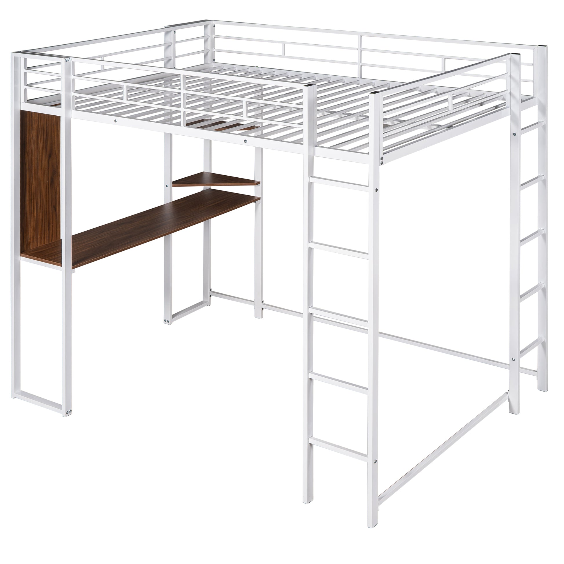 Full Size Metal Loft Bed With 2 Shelves And One Desk ,White Old Sku: Lp000191Aak White Metal