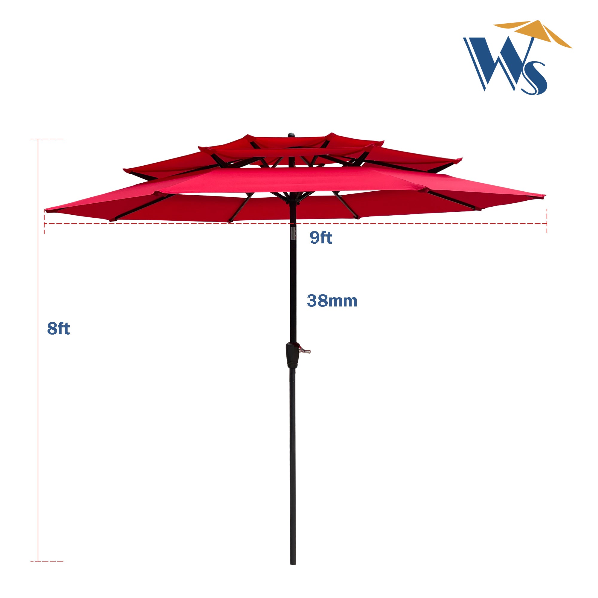 9Ft 3 Tiers Outdoor Patio Umbrella with Crank and tilt red-metal