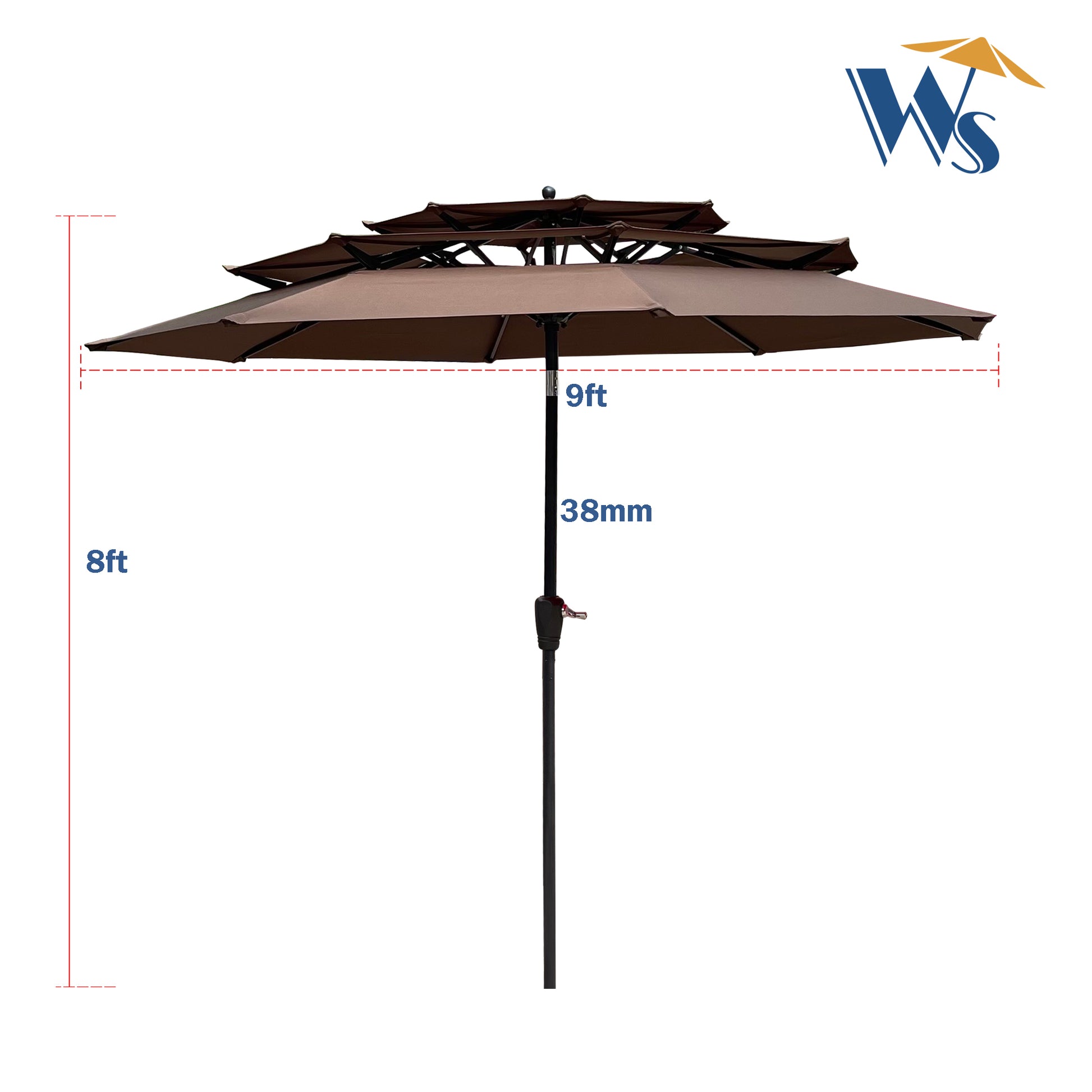 9Ft 3 Tiers Outdoor Patio Umbrella With Crank And Tilt And Wind Vents For Garden Deck Backyard Pool Shade Outside Deck Swimming Pool Chocolate Metal