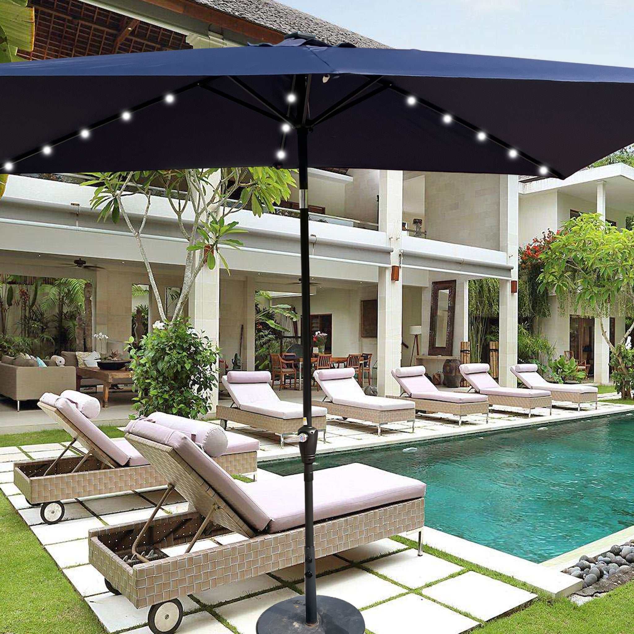 lighted umbrellas for patio 10 X 6.5T Rectangular Patio Solar Led Lighted Outdoor Umbrellas With Crank And Push Button Tilt For Garden Backyard Pool Swimming Pool Navy Blue Metal