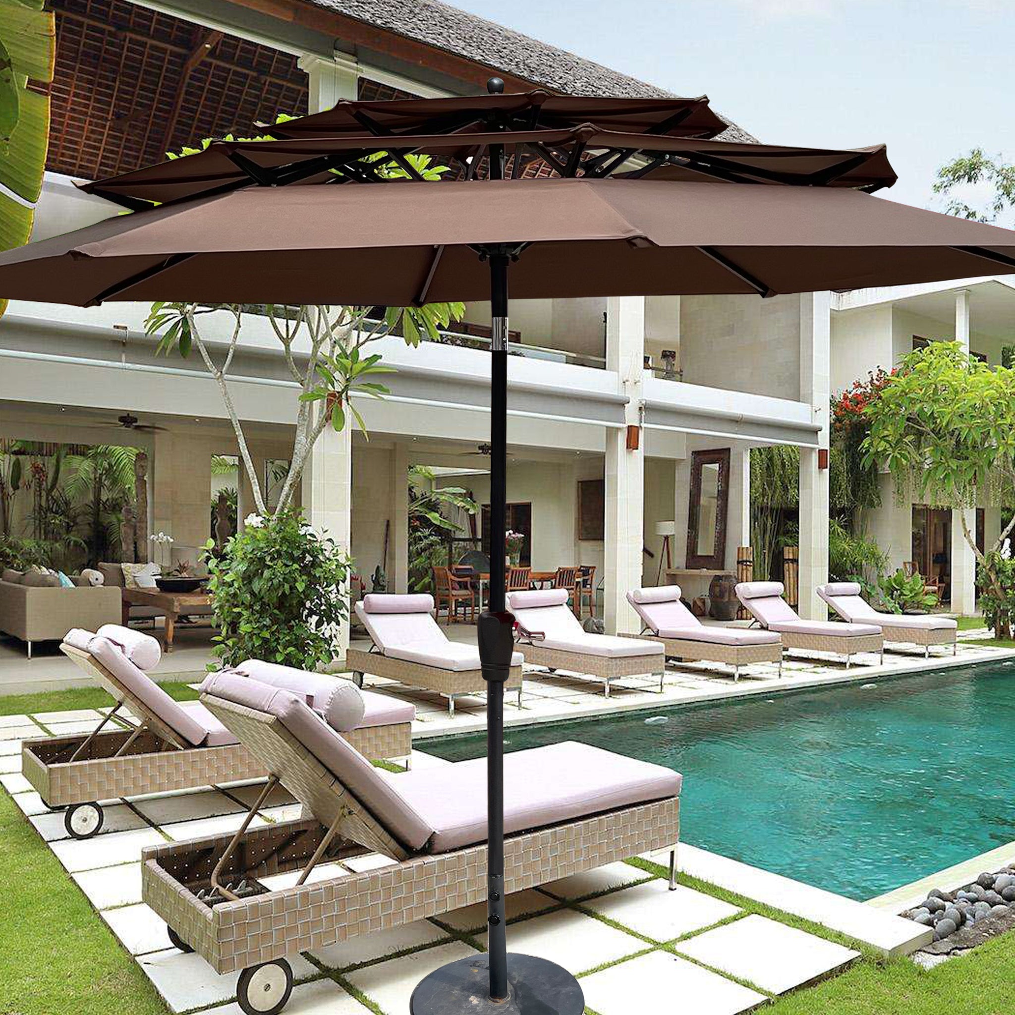 chocolate patio umbrella 9Ft 3 Tiers Outdoor Patio Umbrella With Crank And Tilt And Wind Vents For Garden Deck Backyard Pool Shade Outside Deck Swimming Pool Chocolate Metal
