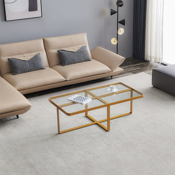 Minimalism Rectangle Coffee Table,Golden Metal Frame With Tempered Glass Tabletop Golden Glass Glass