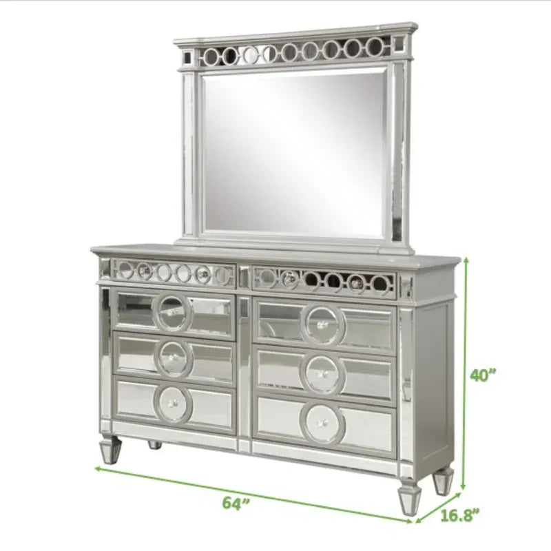 Symphony Modern Style Mirror Front 6 Drawer Dresser With Diamond Shaped Legs And Made With Wood In Silver Sliding Silver Drawer 5 Drawers & Above Bedroom Ball Bearing Glides Modern Mirrored Finish Silver Solid Wood Mdf Wood