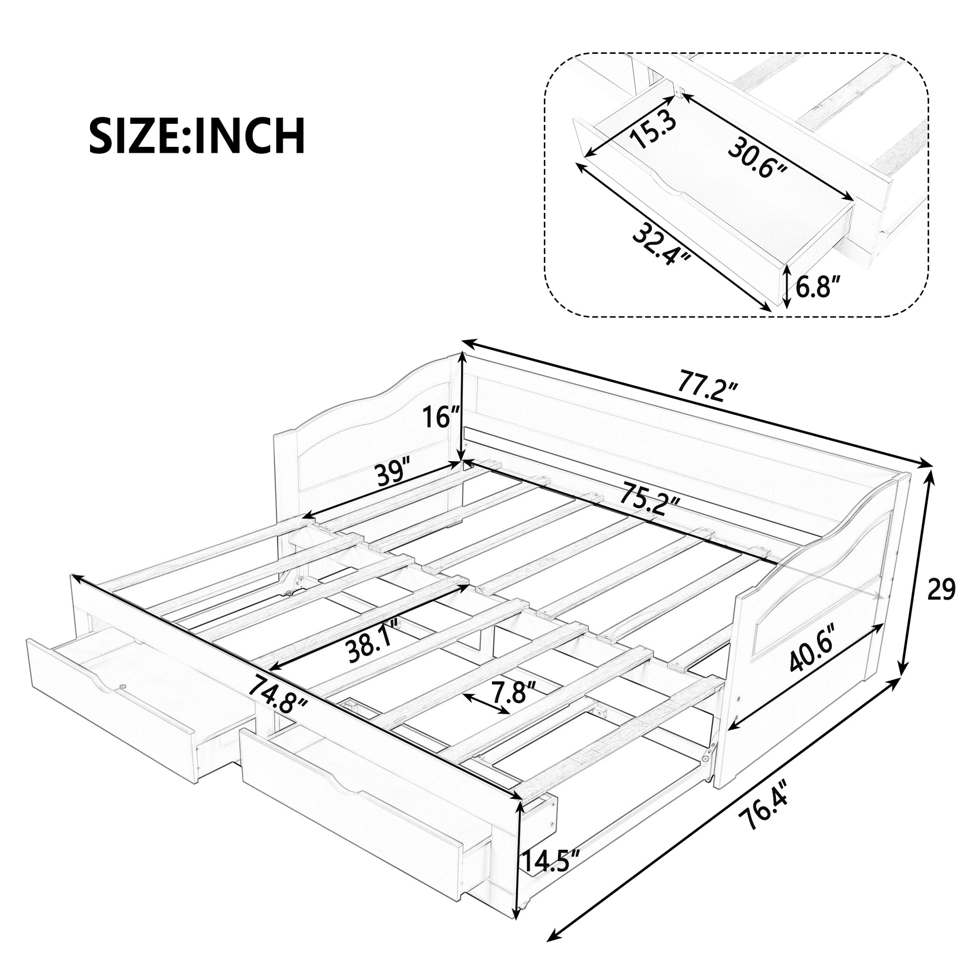 Wooden Daybed With Trundle Bed And Two Storage Drawersextendable Bed Daybed,Sofa Bed With Two Drawers, White White Solid Wood