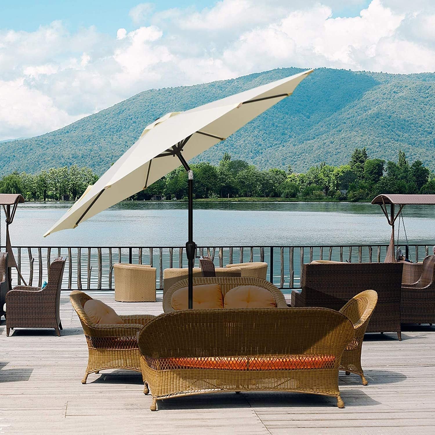 Simple Deluxe 9Ft Outdoor Market Table Patio Umbrella With Button Tilt, Crank And 8 Sturdy Ribs For Garden, Beige Beige Seats 8 Stainless Steel