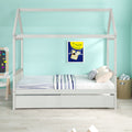 Solid Wood Twin House Bed Frame With Twin Size Trundle For White Color, No Box Spring Needed White Pine