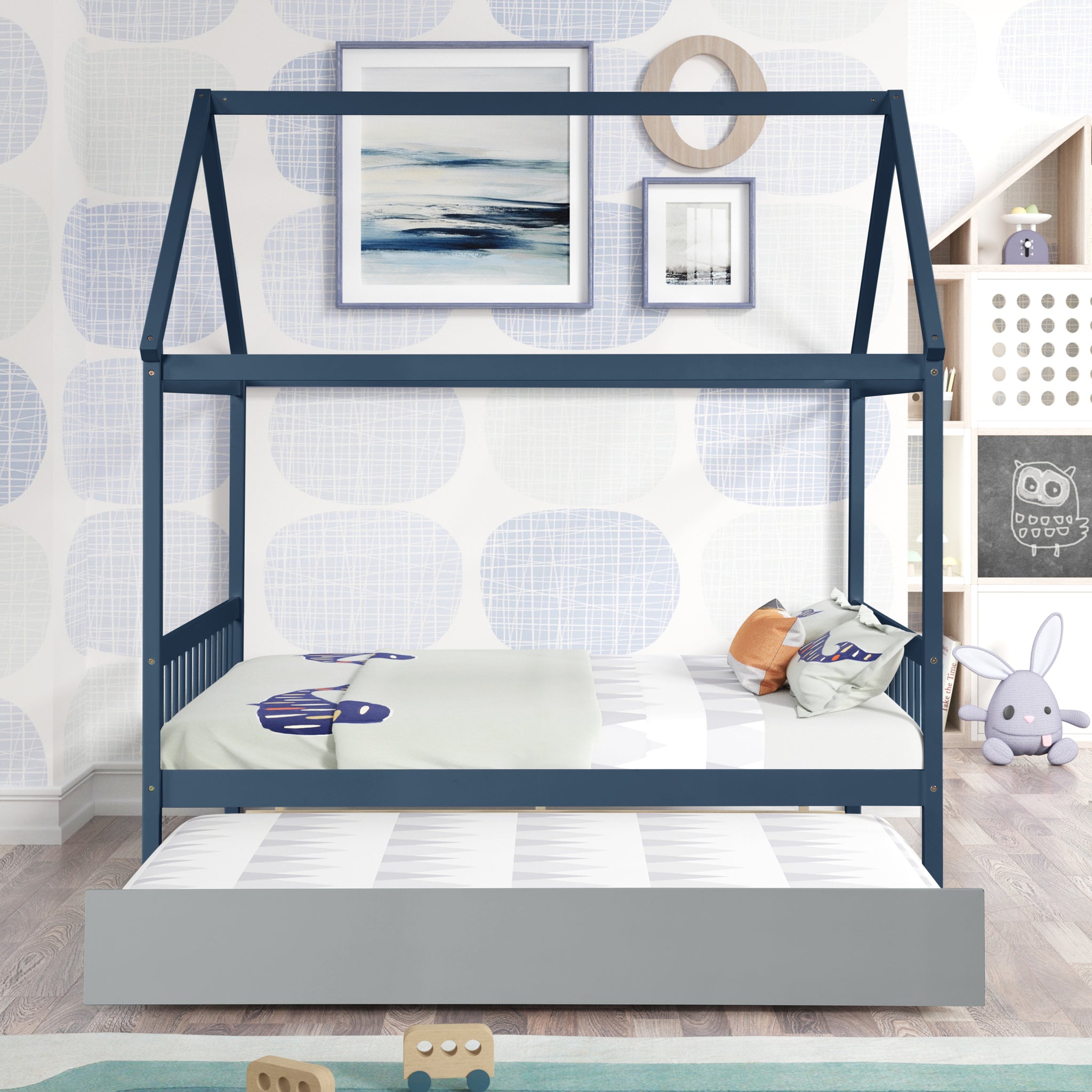 NAVY BLUE HOUSE FULL BED WITH TRUNDLE OF GREY COLOR blue-pine