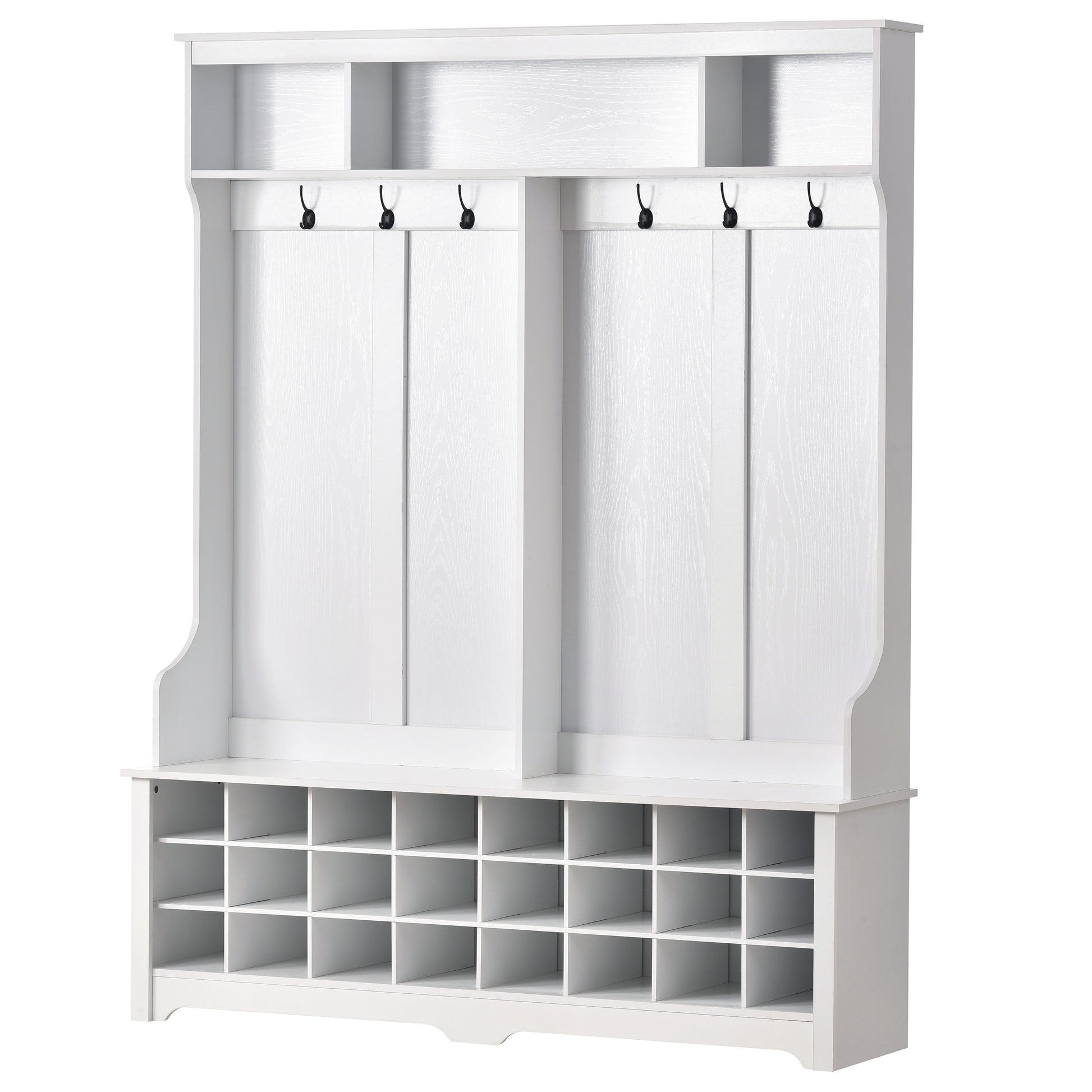 Modern Style Multiple Functions Hallway Coat Rack With Metal Black Hooks, Entryway Bench 60" Wide Hall Tree With Large Storage Space And 24 Shoe Cubbieswhite Old Sku: Wf286983Aak White Mdf