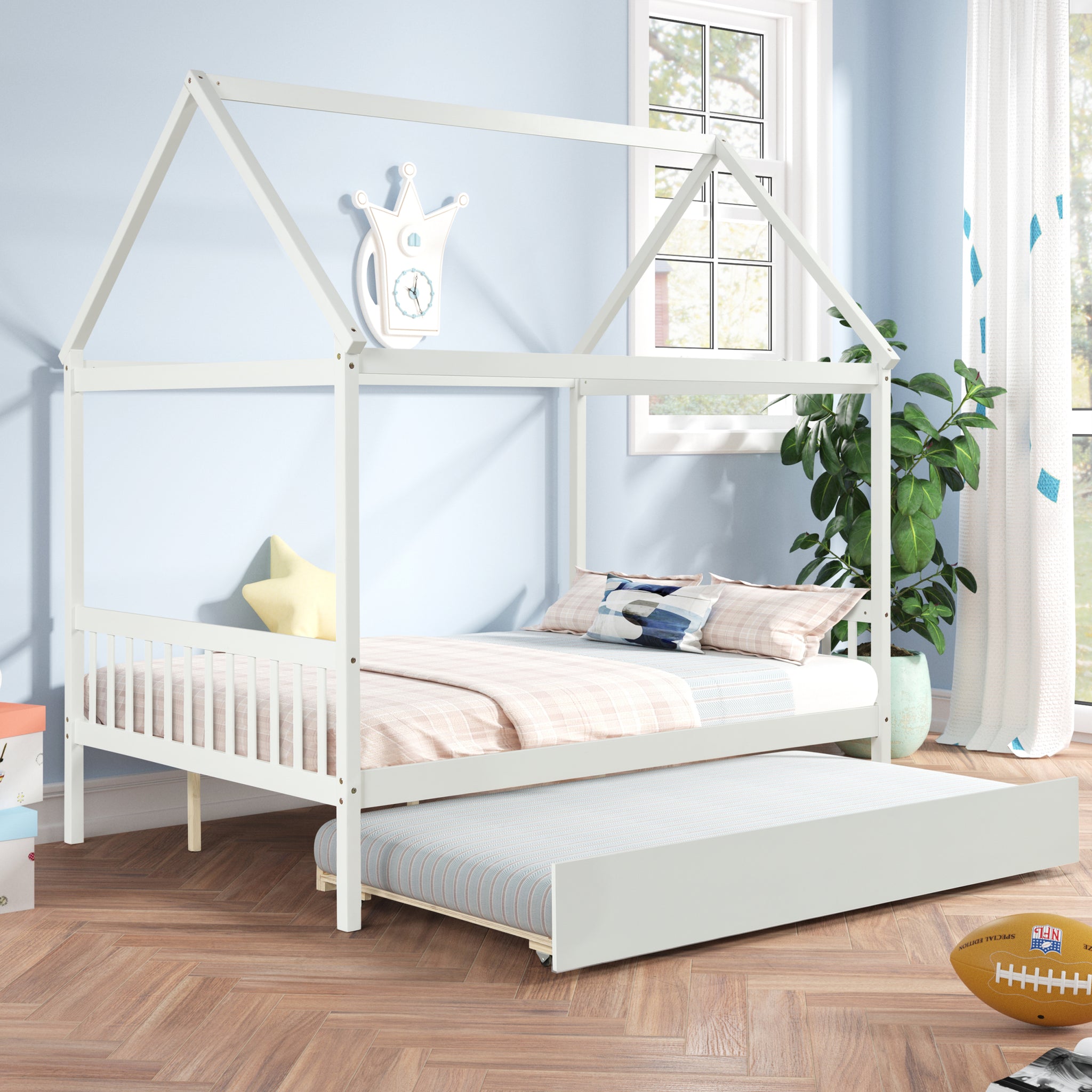 HOUSE FULL BED WITH TWIN SIZE TRUNDLE FOR WHITE COLOR white-pine