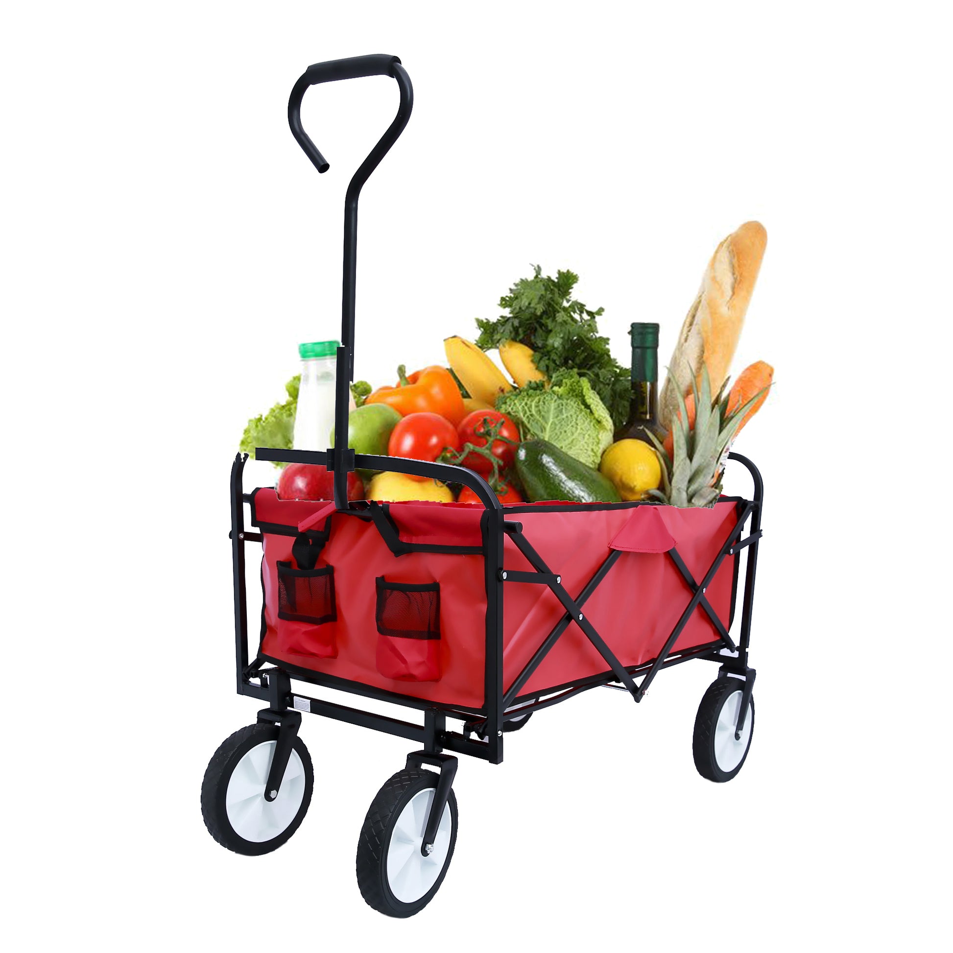 Folding Wagon Garden Shopping Beach Cart Red Red Metal