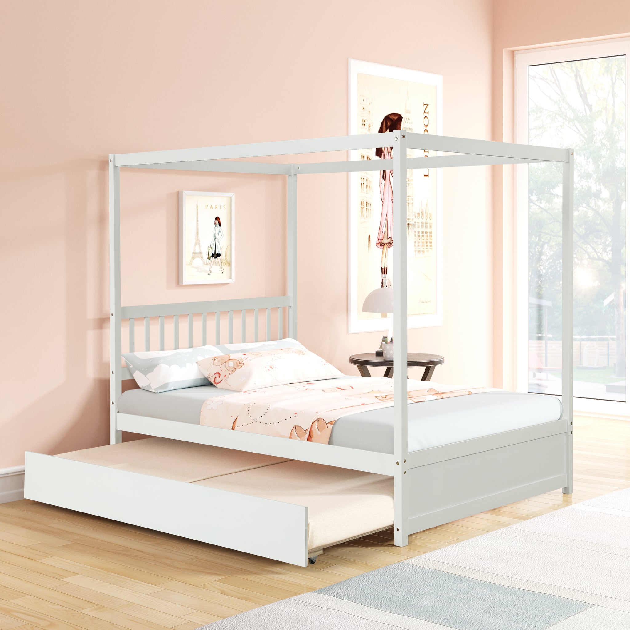 Full Size Canopy Bed With Twin Trundle, Kids Solid Wood Platform Bed F