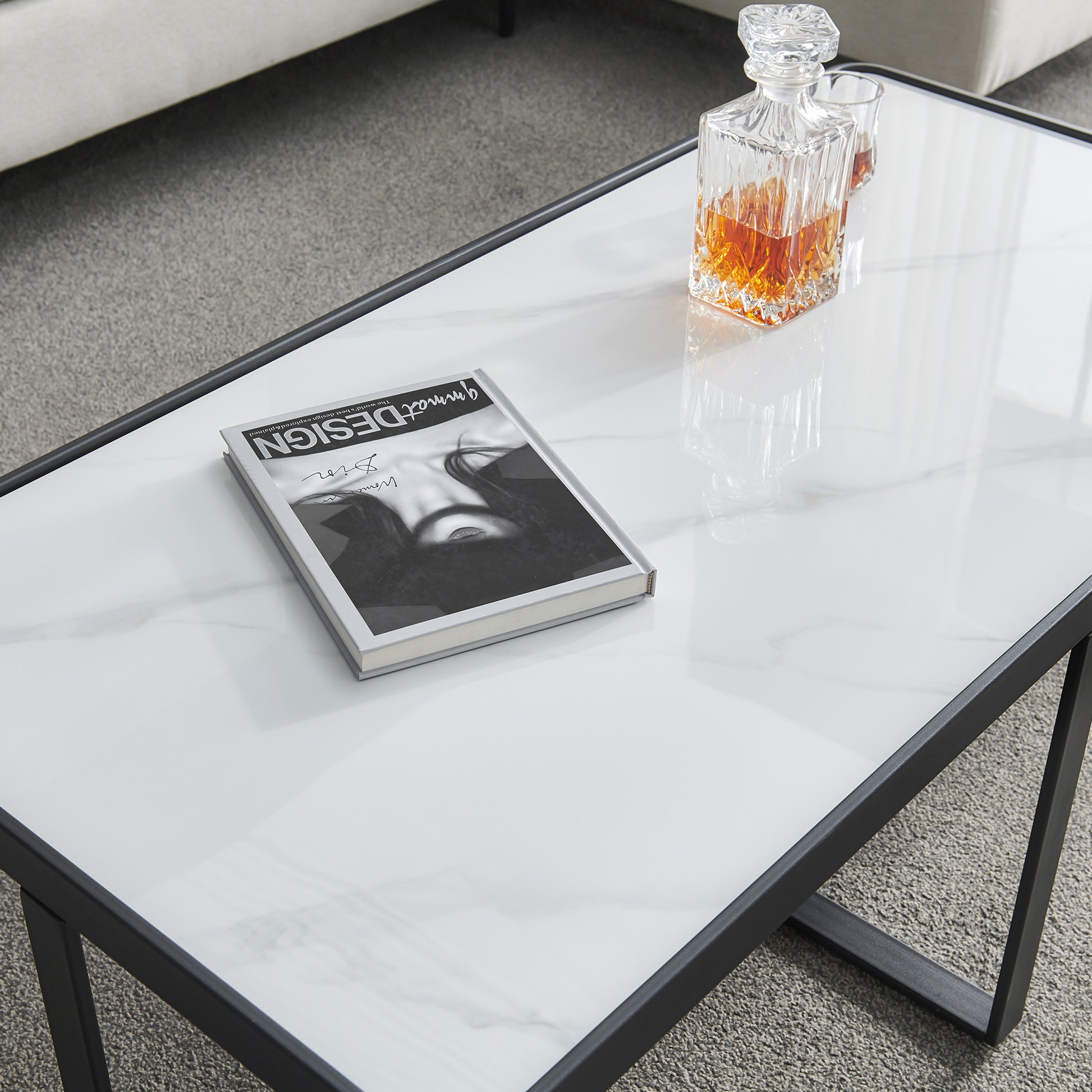 Minimalism Rectangle Coffee Table,Black Metal Frame With Sintered Stone Tabletop Black Sintered Stone Sintered Stone