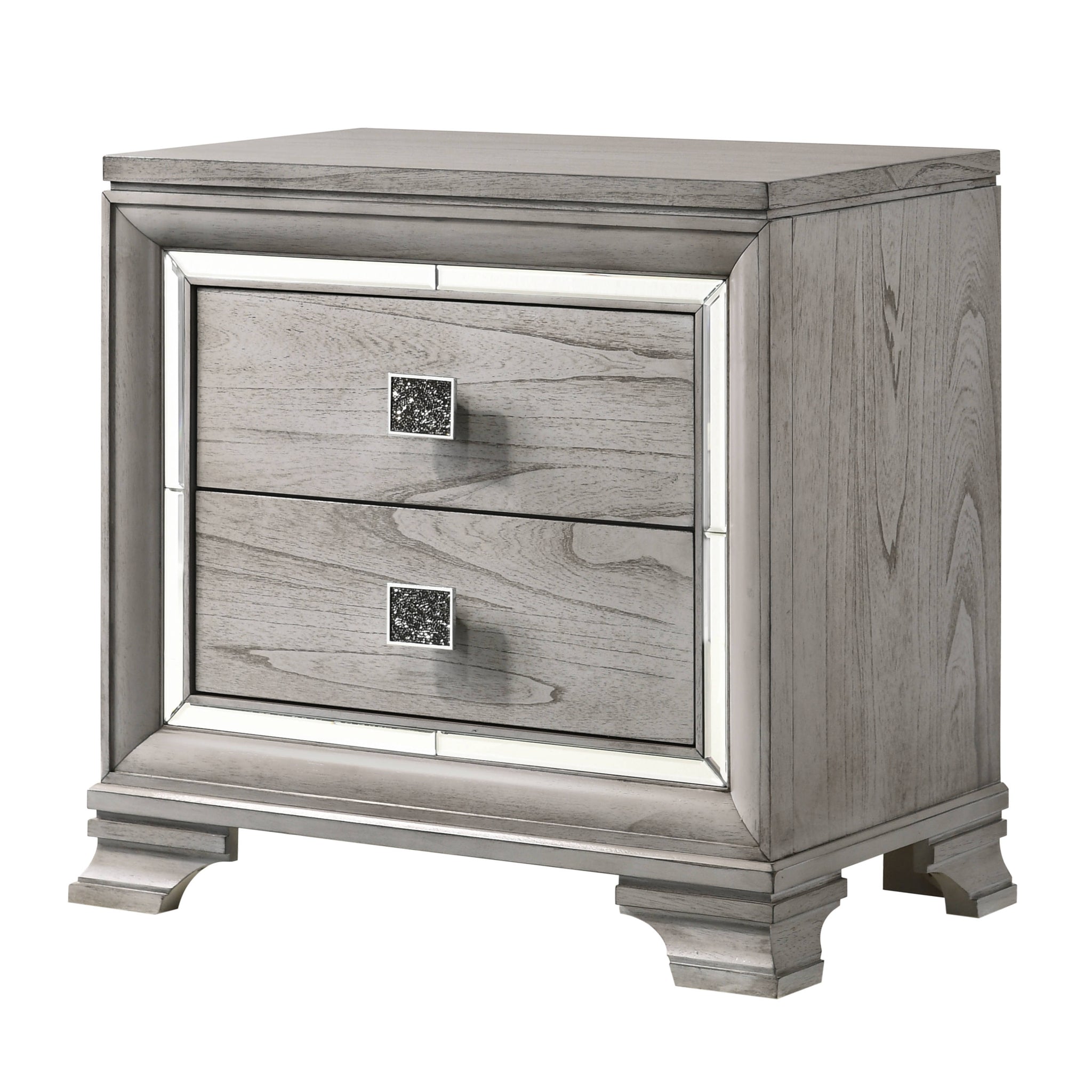 Contemporary 1Pc Light Gray Brown Finish 2 Storage Drawer Nightstand End Table Mirrored Accents Beautiful Solid Wood Wooden Bedroom Furniture Light Grey 2 Drawers Bedside Cabinet Solid Wood