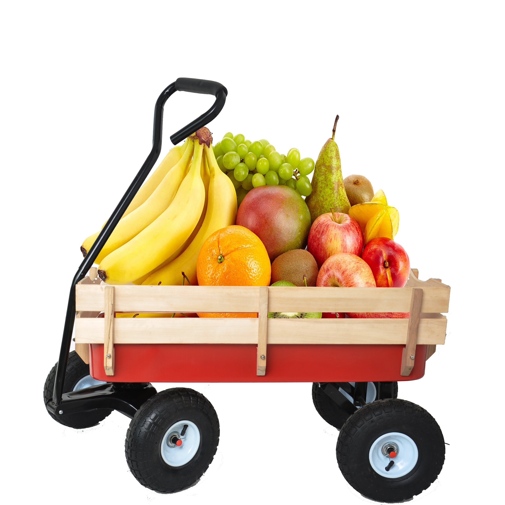 Outdoor Wagon All Terrain Pulling Wood Railing Air Tires Garden Cart Red White Red Garden & Outdoor Metal