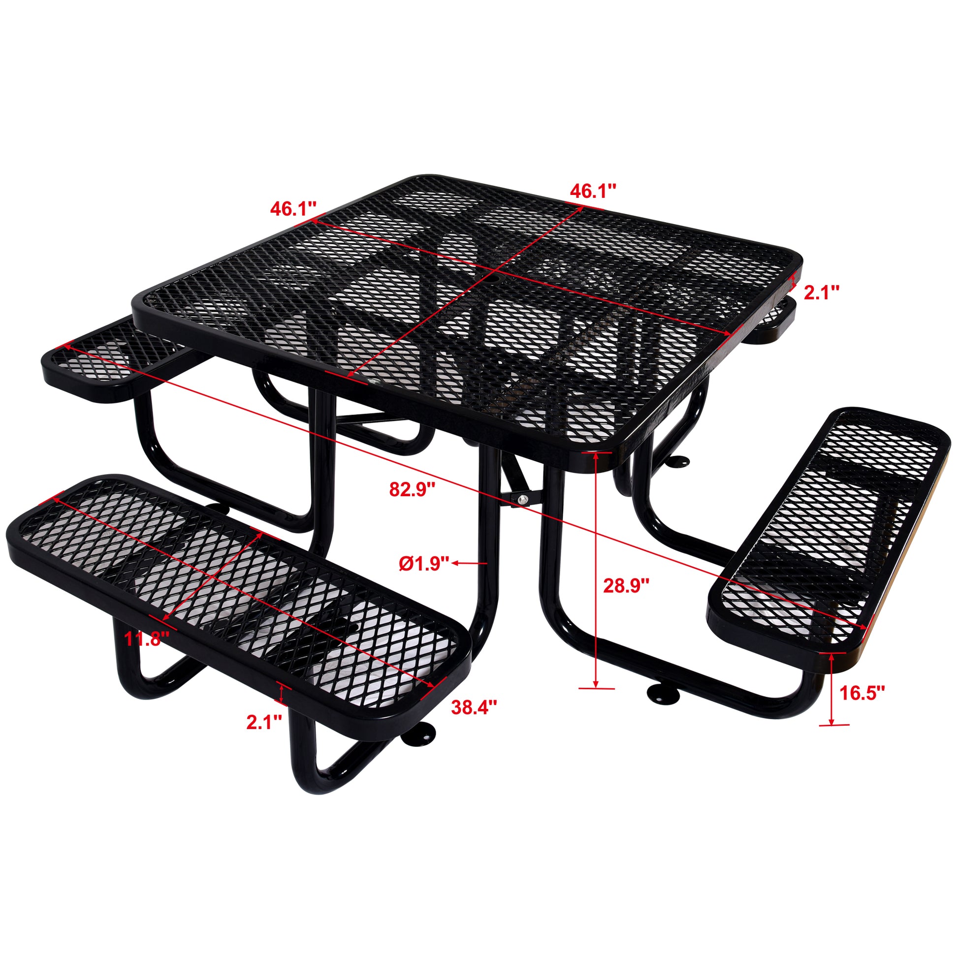 Square Outdoor Steel Picnic Table 46" Black ,With Umbrella Pole Black Carbon Steel