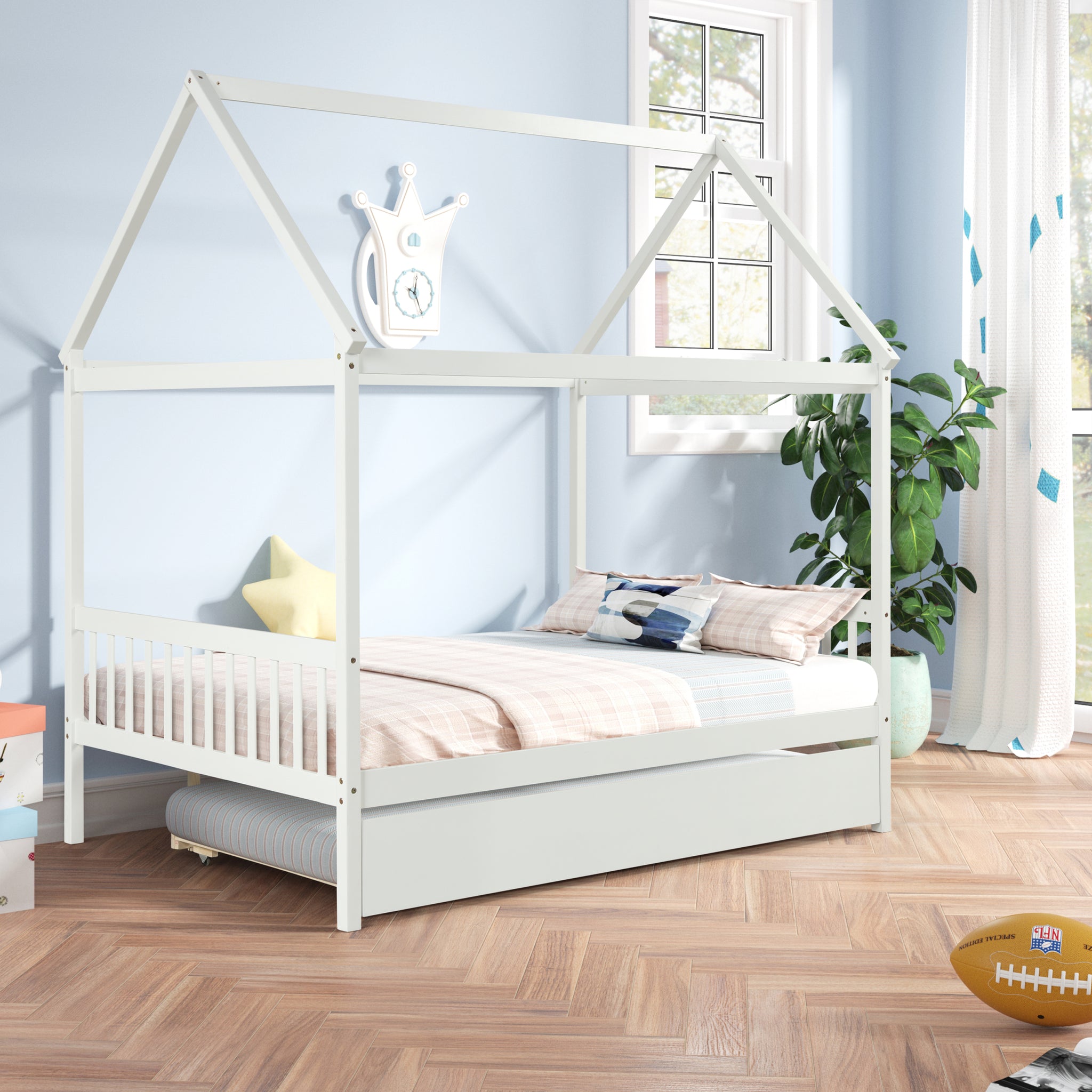 HOUSE FULL BED WITH TWIN SIZE TRUNDLE FOR WHITE COLOR white-pine