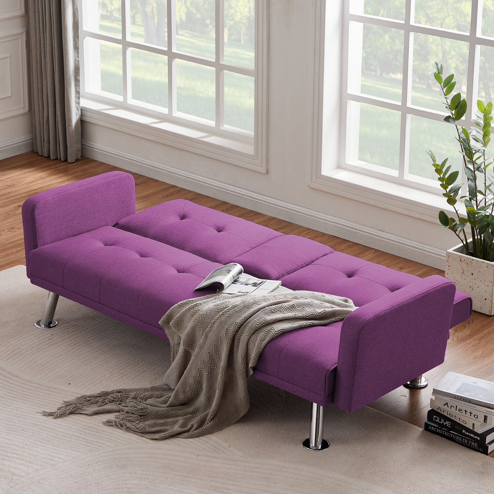 Convertible Folding Sofa Bed with Armrest , Fabric purple-wood-tufted back-square arms-foam-fabric