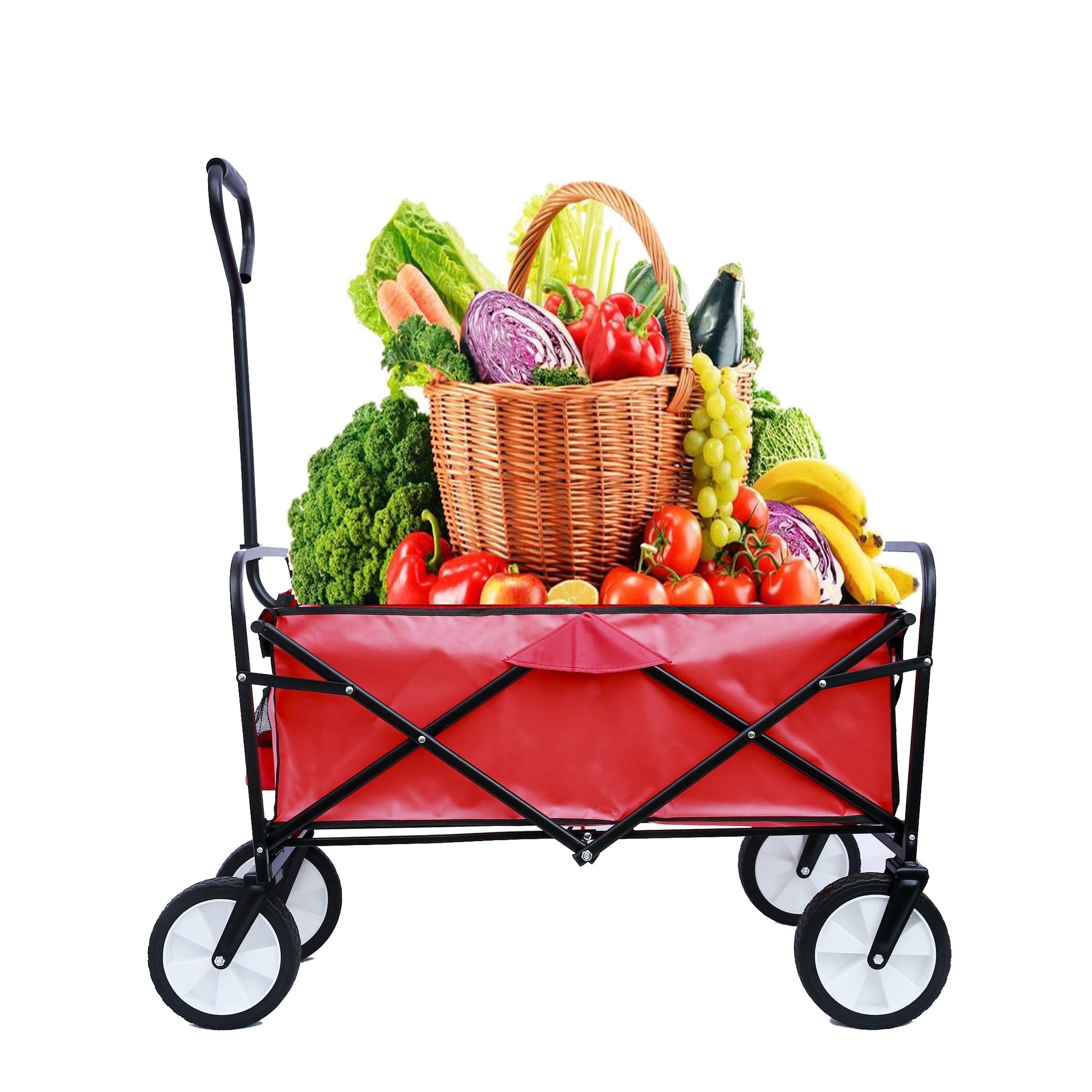 Folding Wagon Garden Shopping Beach Cart Red Red Metal