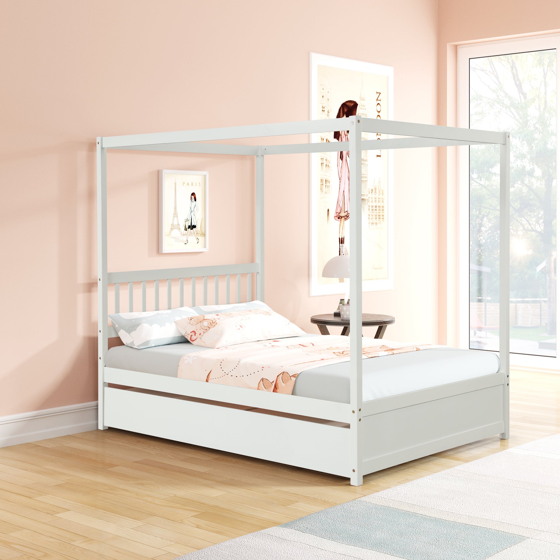 Full Size Canopy Bed With Twin Trundle, Kids Solid Wood Platform Bed Frame W Headboard, No Box Spring Needed White Color White Pine