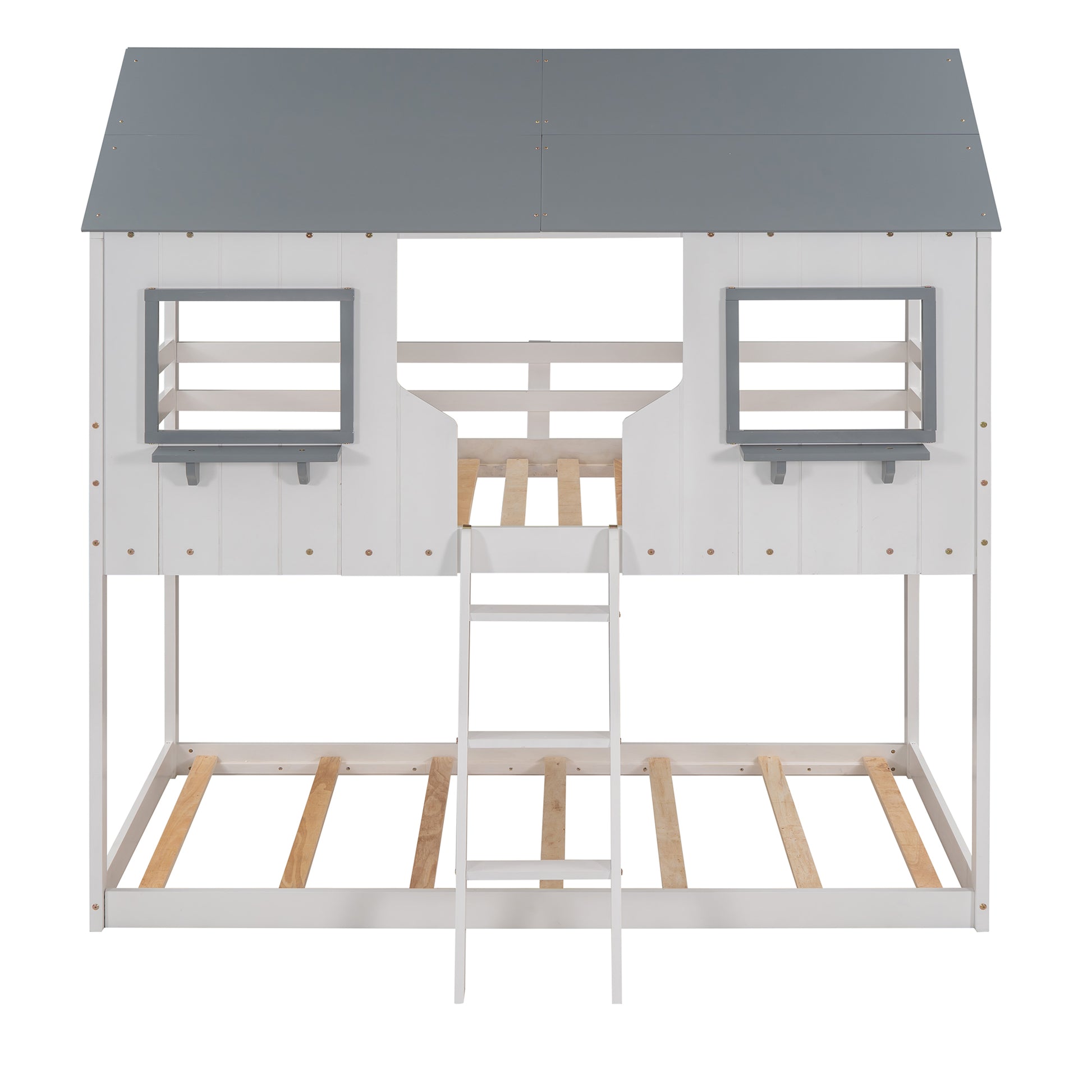 Twin Over Twin Bunk Bed Wood Bed With Roof, Window, Guardrail, Ladder White Old Sku :Lp000045Aak White Solid Wood