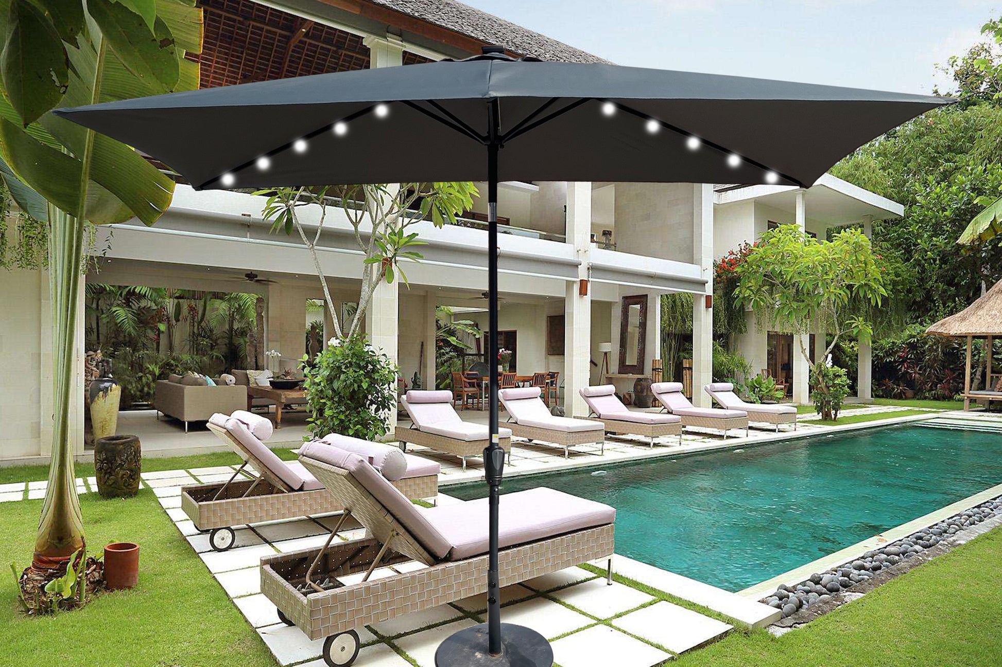 10 X 6.5T Rectangular Patio Solar Led Lighted Outdoor Umbrellas With Crank And Push Button Tilt For Garden Backyard Pool Swimming Pool Anthracite