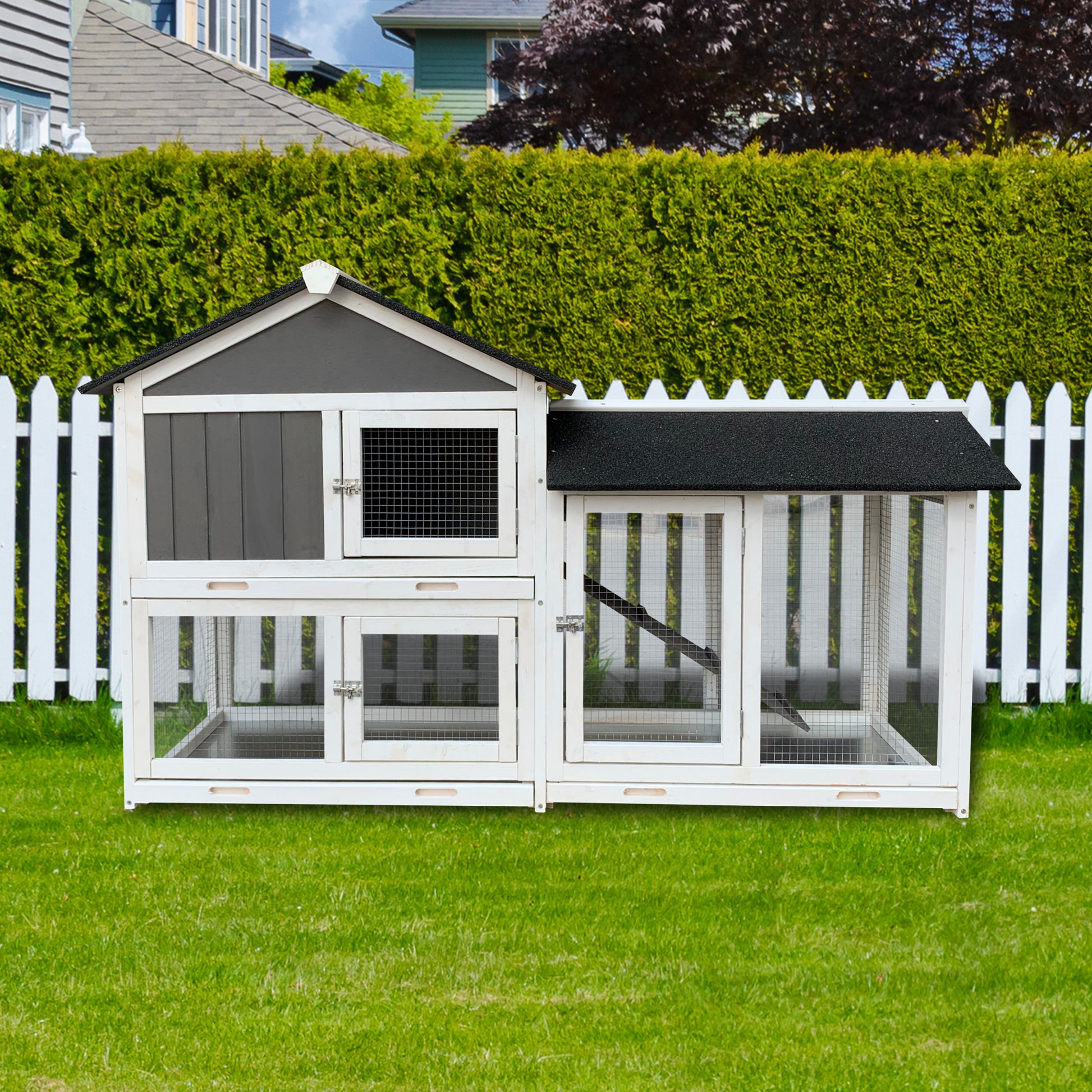 Outdoor Rabbit Bench Removable Tray Ramp Wooden Outdoor Rabbit Hutch With Running Cage Gray