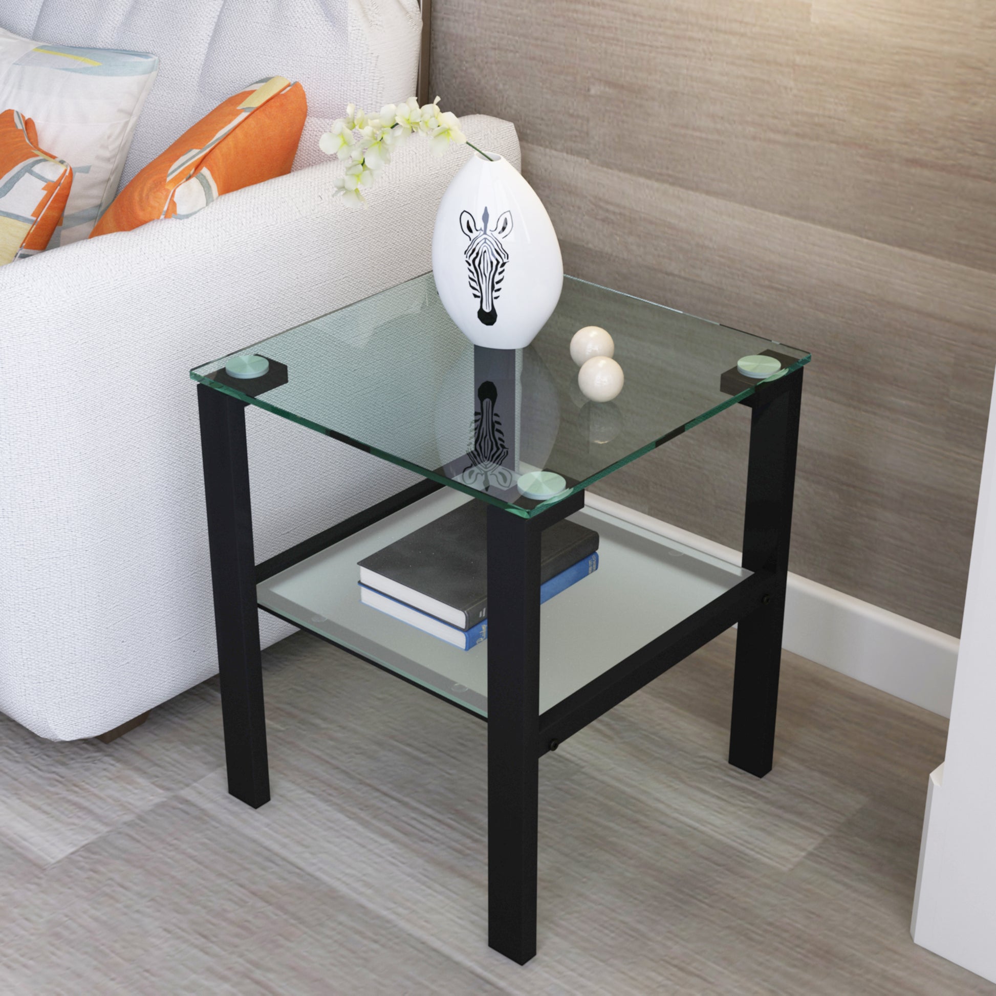 Glass Two Layer Tea Table, Small Round Table, Bedroom Corner Table, Living Room Black Side Table Black Glass