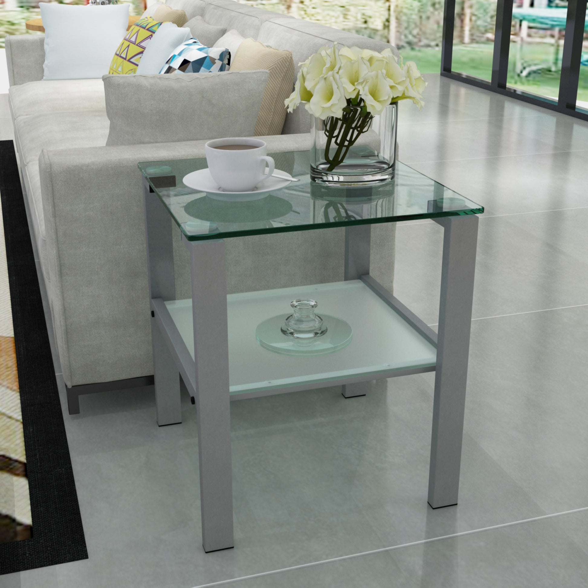 Glass Two Layer Tea Table, Small Round Table, Bedroom Corner Table, Living Room Grey Side Table Gray Glass