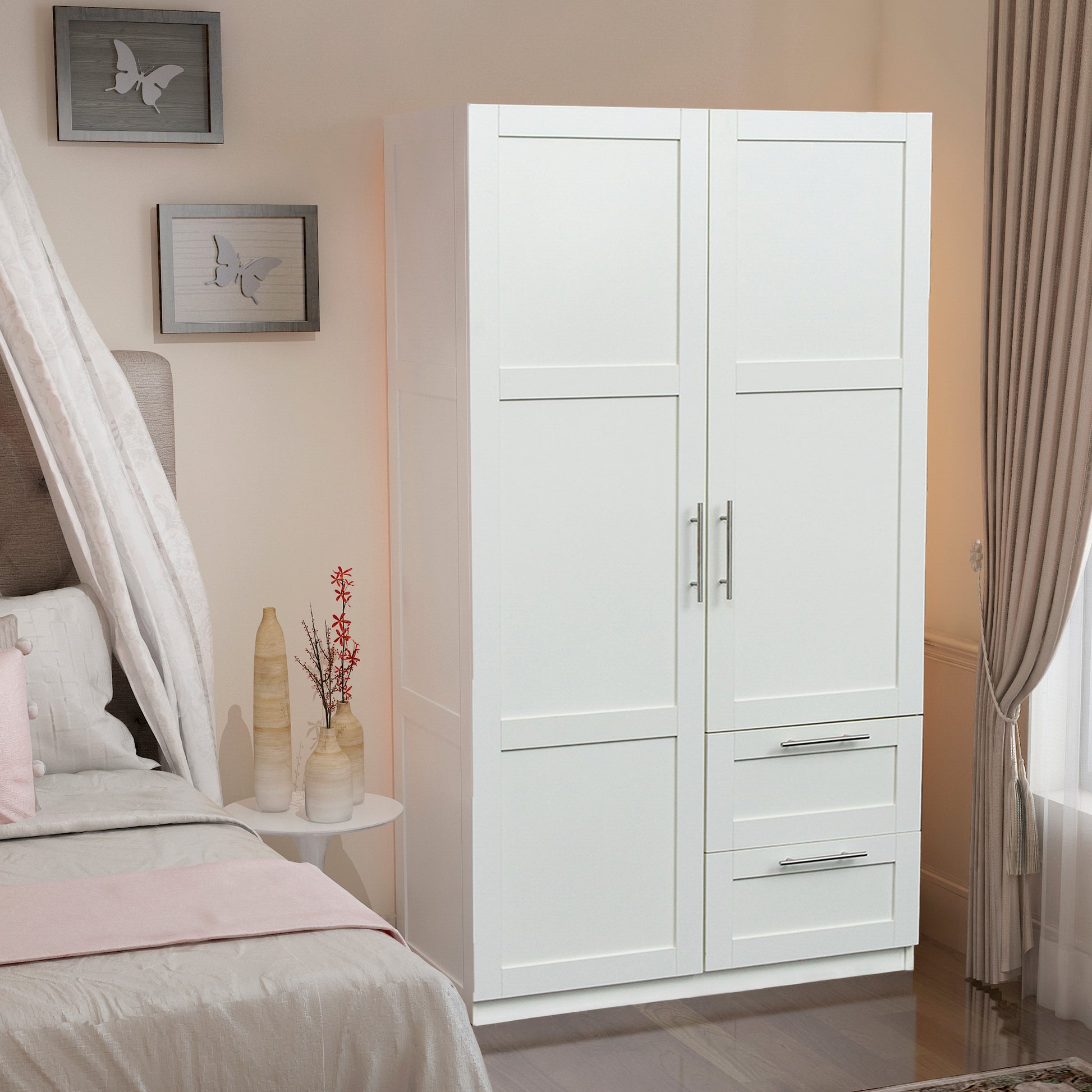 High Wardrobe And Kitchen Cabinet With 2 Doors, 2 Drawers And 5 Storage Spaces,White White Mdf