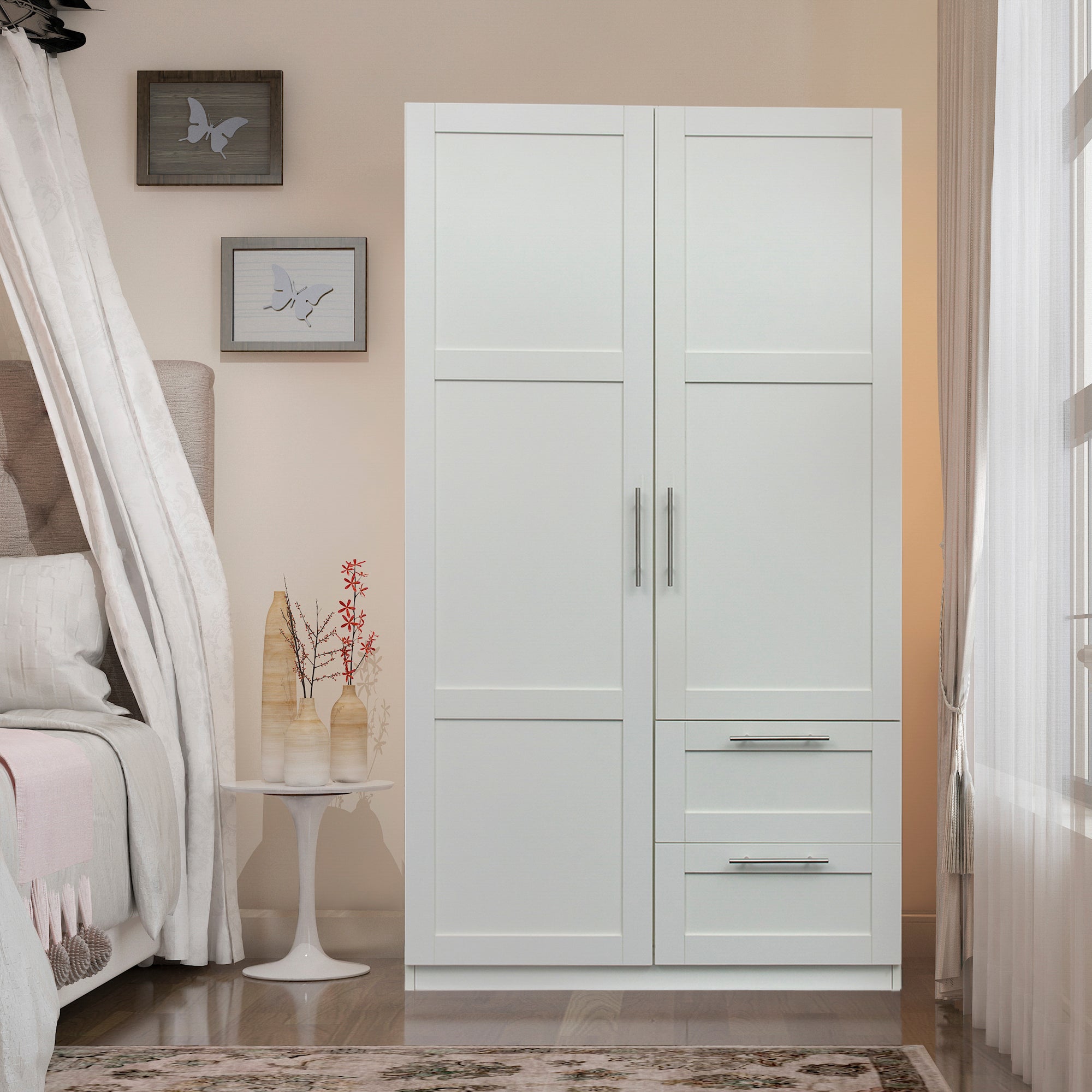 High Wardrobe And Kitchen Cabinet With 2 Doors, 2 Drawers And 5 Storage Spaces,White White Mdf