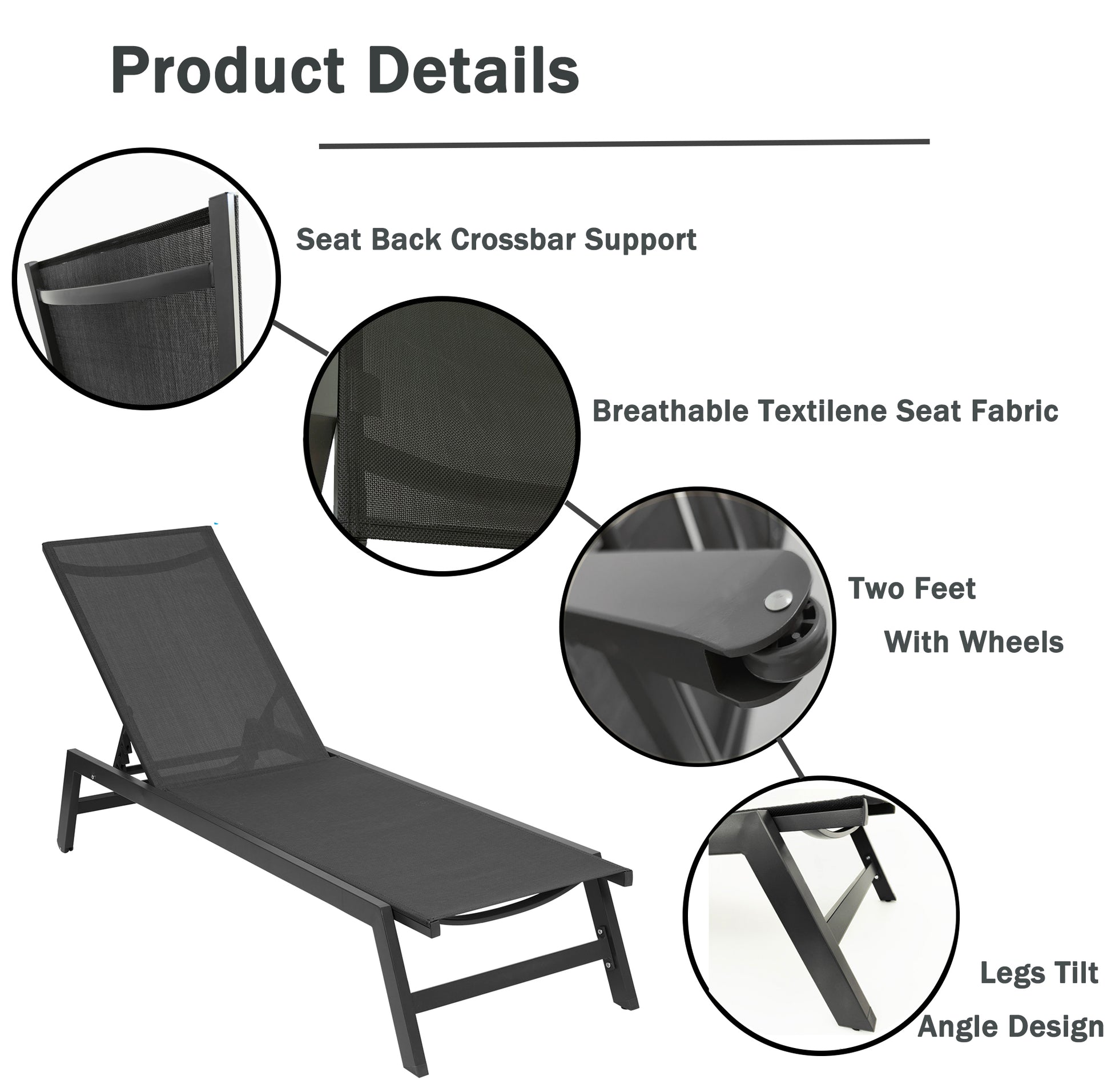 Outdoor Chaise Lounge Chair,Five Position Adjustable Aluminum Recliner,All Weather For Patio,Beach,Yard, Pool Grey Frame Black Fabric Same As W41939292 Black Metal