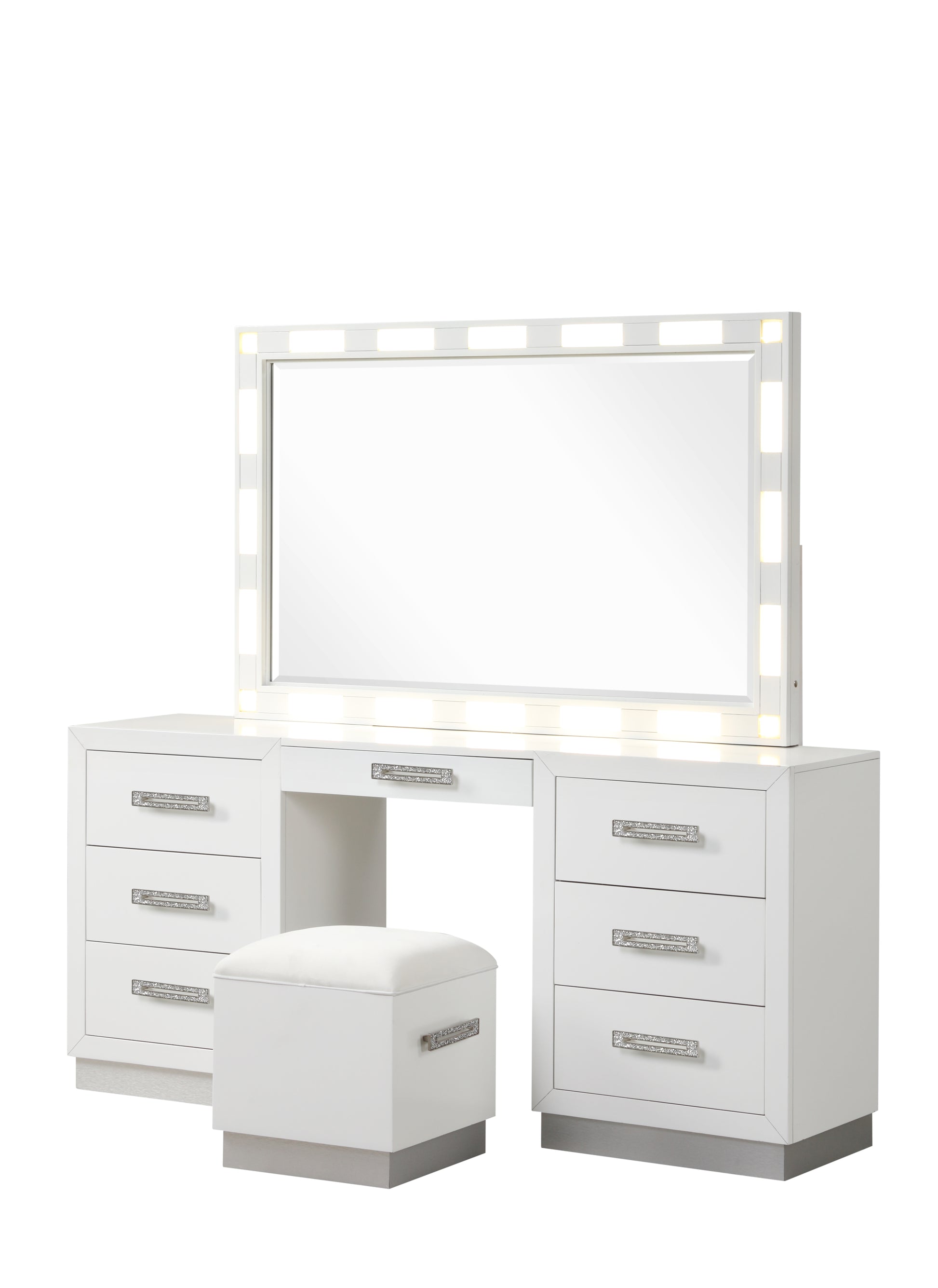 Coco Modern Style Led Mirror Vanity Set Made With Wood In Milky White White Vanity Stools Leather Bedroom Rectangular White Contemporary,Modern Tufted Cushions Wood Solid Wood Mdf Wood