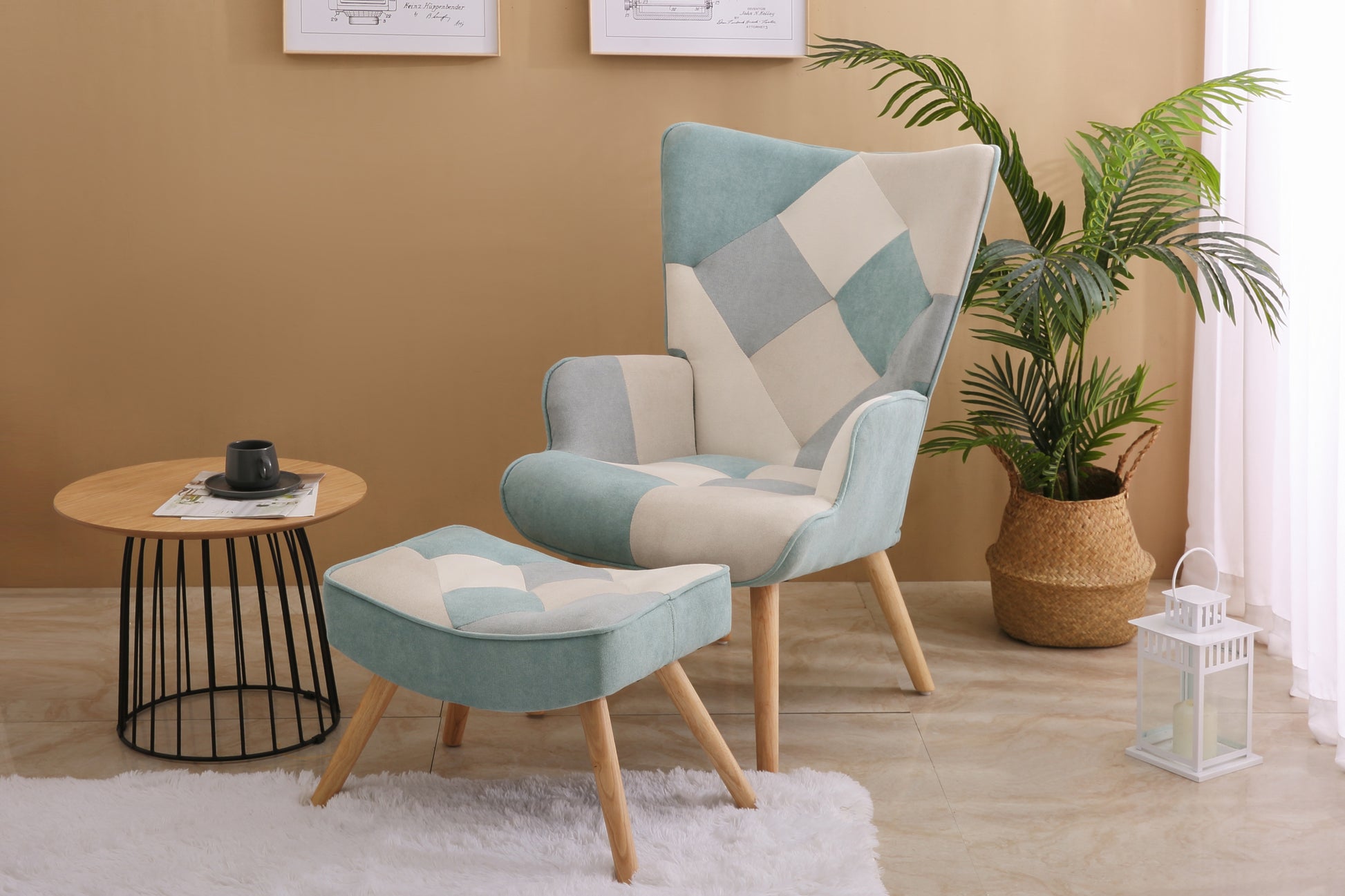 Accent Chair With Ottoman, Living Room Chair And Ottoman Set, Comfy Side Armchair For Bedroom, Creative Splicing Cloth Surface Blue Solid Wood