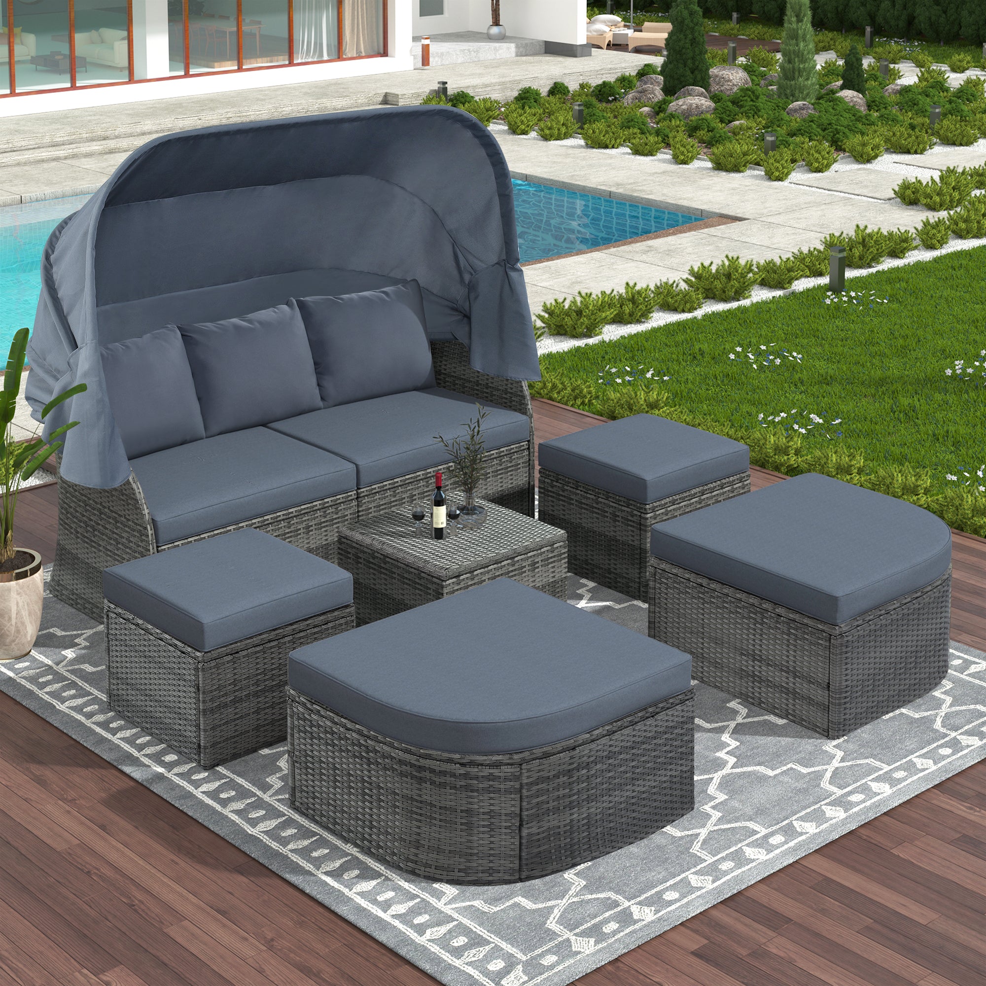 U STYLE Outdoor Patio Furniture Set Daybed Sunbed with gray-rattan