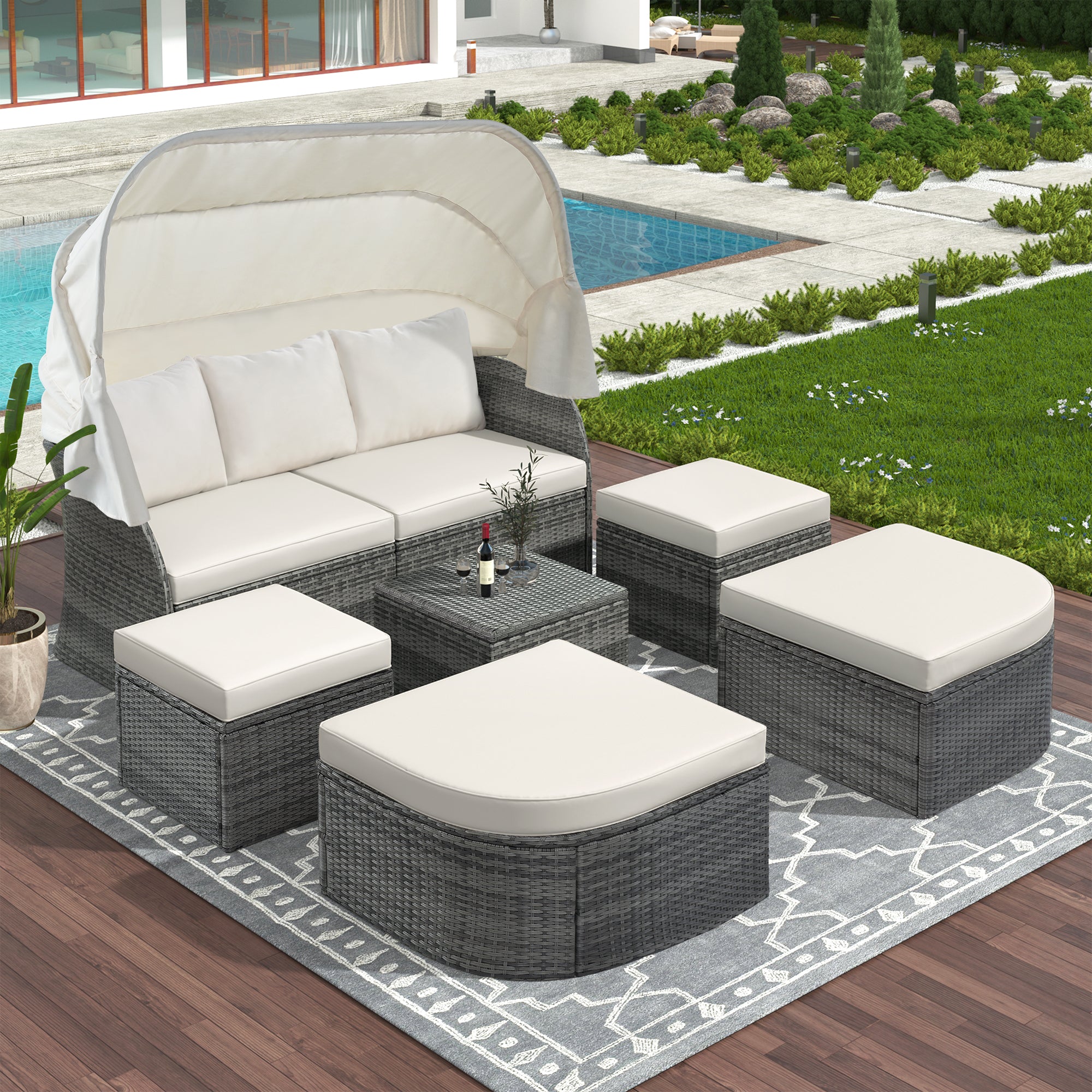 U STYLE Outdoor Patio Furniture Set Daybed Sunbed with beige-rattan