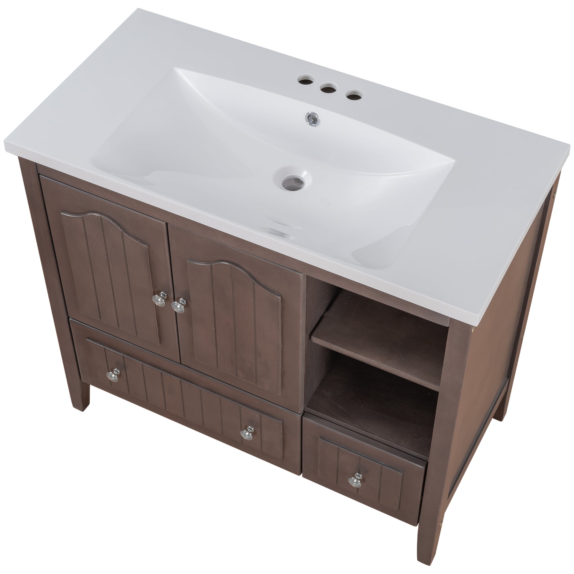 Video 36" Bathroom Vanity With Ceramic Basin, Bathroom Storage Cabinet With Two Doors And Drawers, Solid Frame, Metal Handles, Brown Old Sku: Jl000003Aad Brown Solid Wood