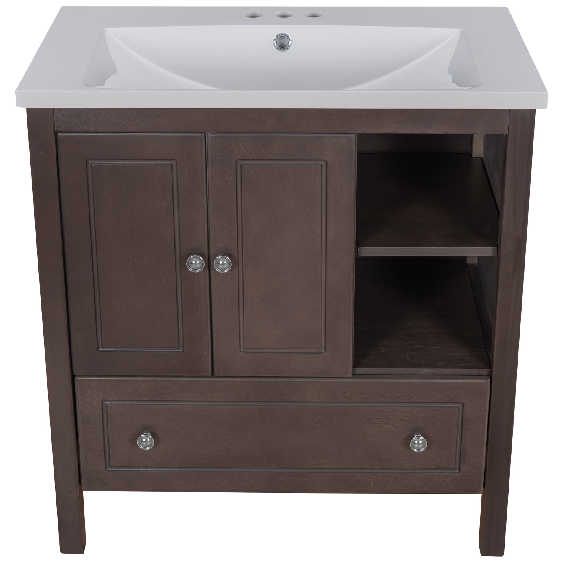 Video 30" Bathroom Vanity With Sink, Bathroom Storage Cabinet With Doors And Drawers, Solid Wood Frame, Ceramic Sink, Brown Old Sku: Jl000002Aad Brown Solid Wood