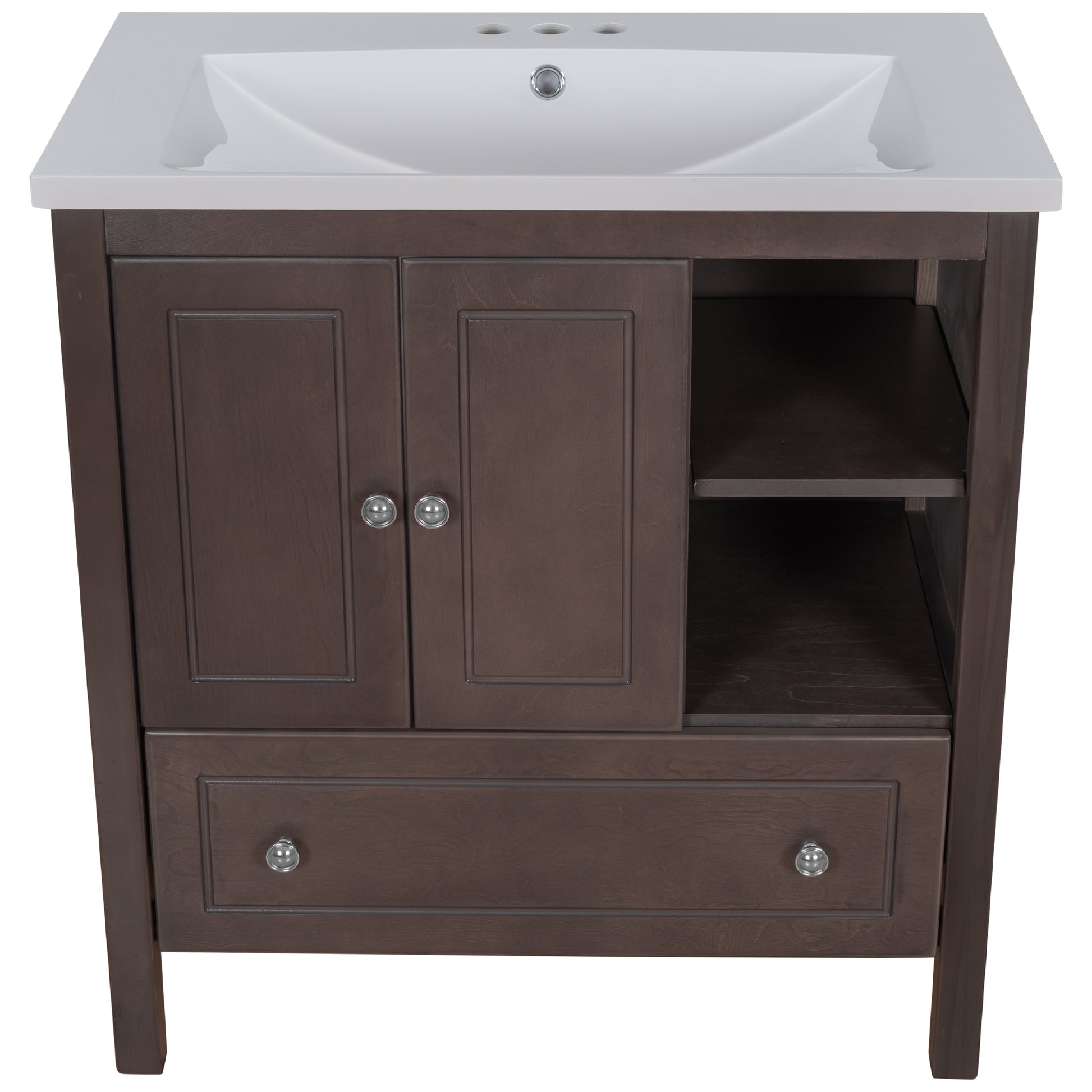 Video 30" Bathroom Vanity With Sink, Bathroom Storage Cabinet With Doors And Drawers, Solid Wood Frame, Ceramic Sink, Brown Old Sku: Jl000002Aad Brown Solid Wood