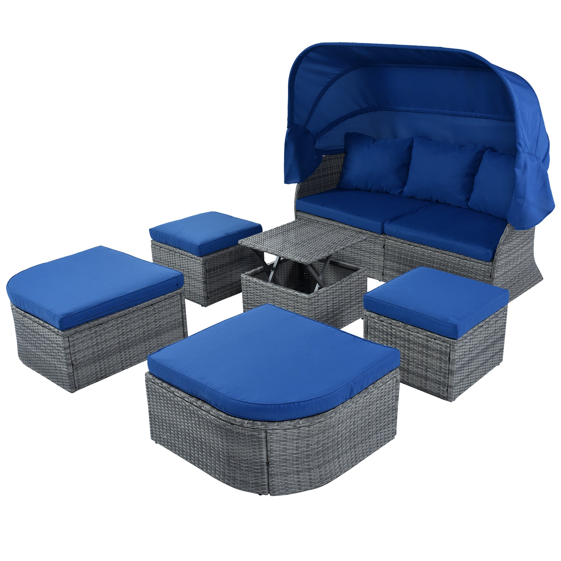 Outdoor Patio Furniture Set Daybed Sunbed With Retractable Canopy Conversation Set Wicker Furniture As Same As Wy000281Aae Blue Rattan
