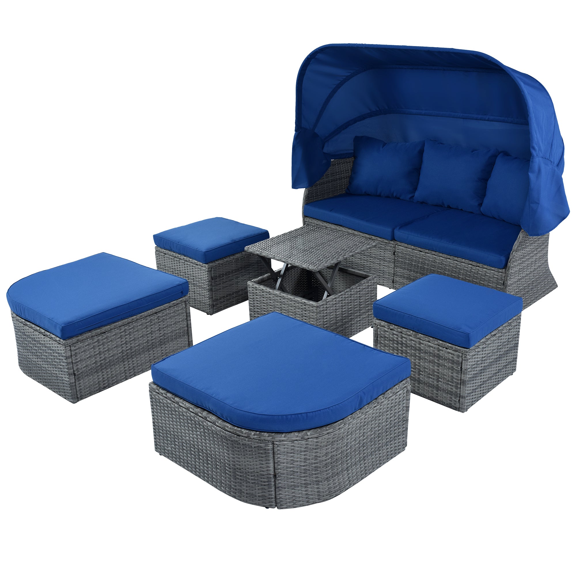 U STYLE Outdoor Patio Furniture Set Daybed Sunbed with blue-rattan
