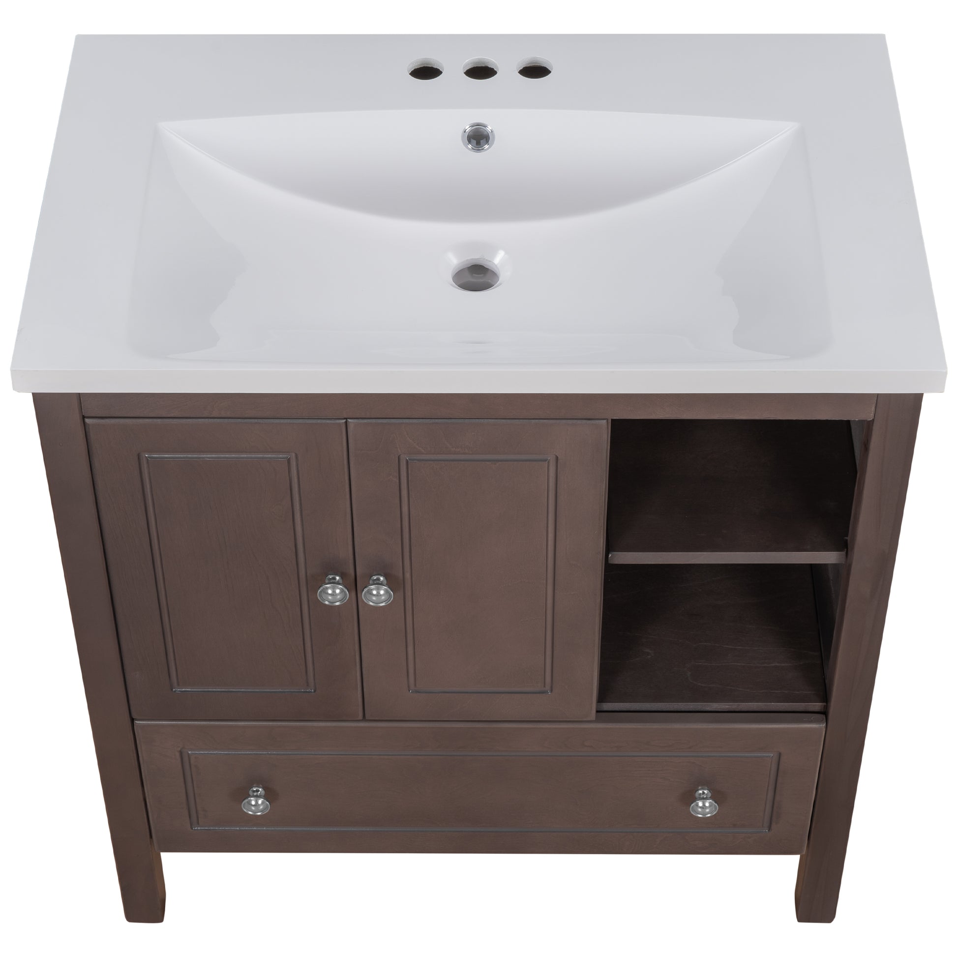 Video 30" Bathroom Vanity With Sink, Bathroom Storage Cabinet With Doors And Drawers, Solid Wood Frame, Ceramic Sink, Brown Old Sku: Jl000002Aad Brown Solid Wood