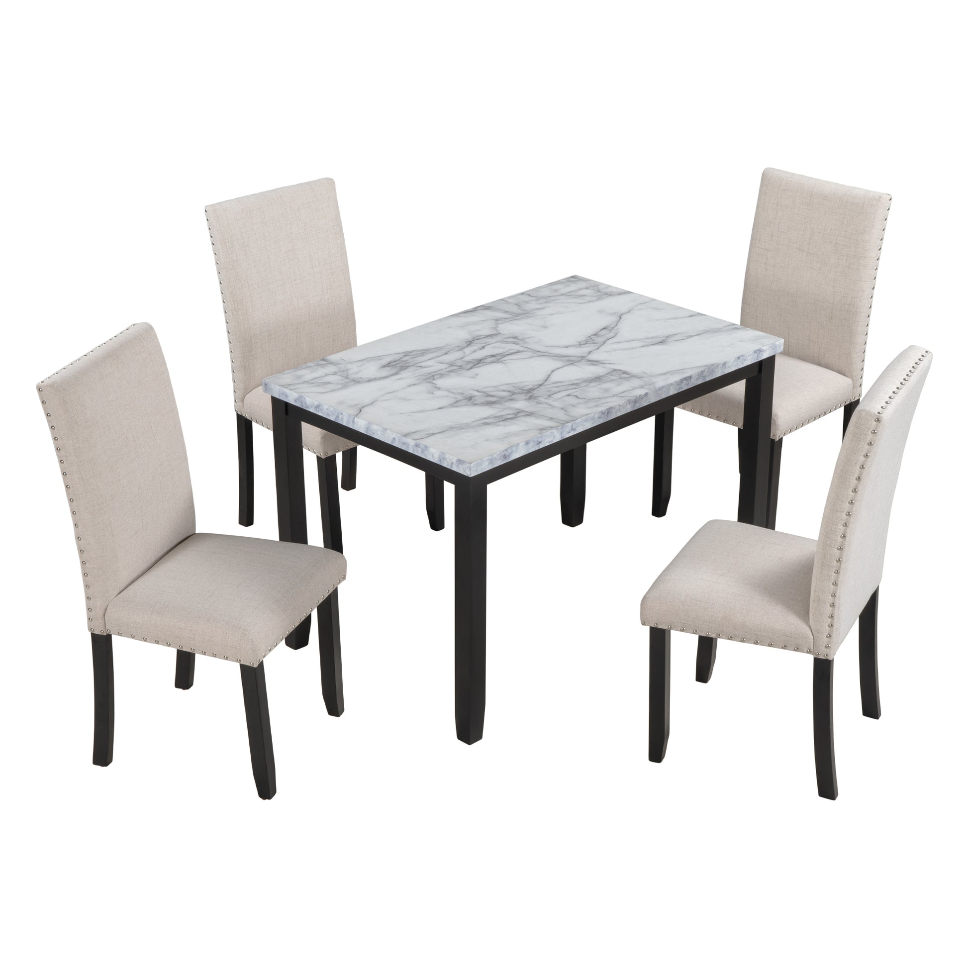 Faux Marble 5 Piece Dining Set Table With 4 Thicken Cushion Dining Chairs Home Furniture, White Beige Black White Solid Wood